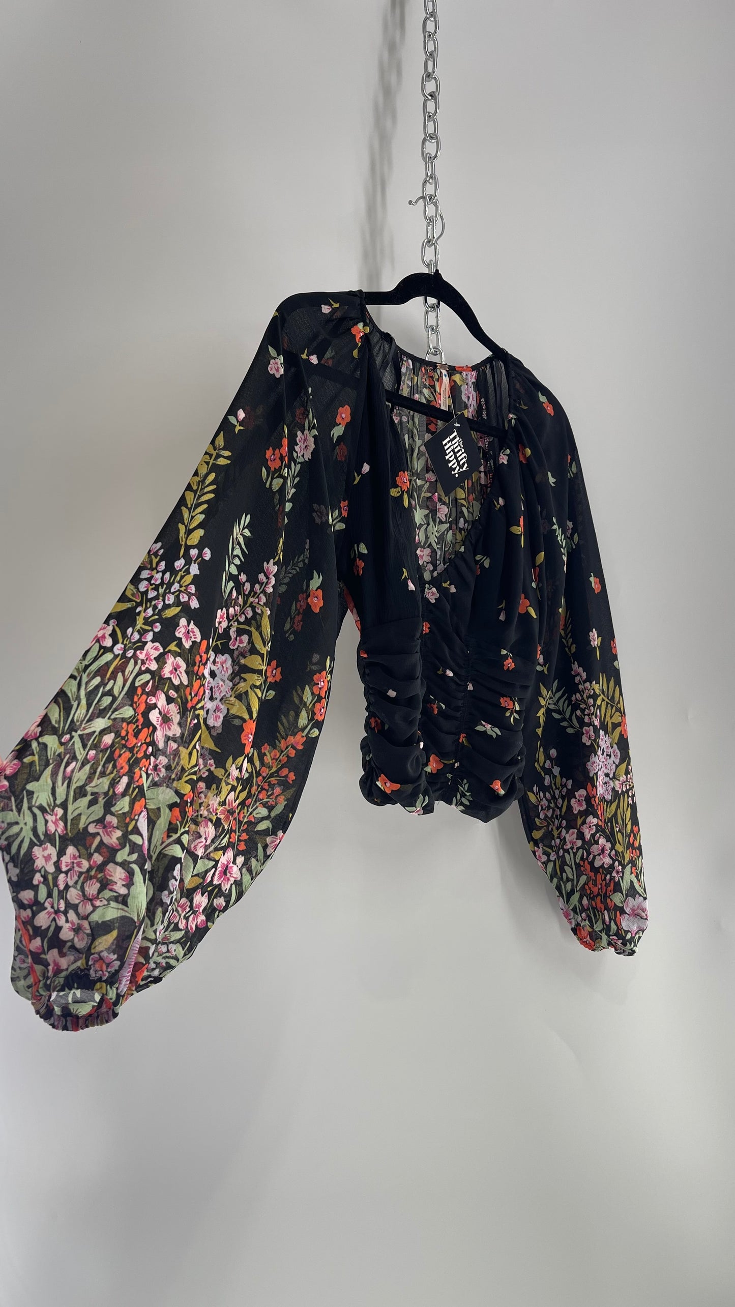 Free People Black Contrast Floral Bubble Sleeve Blouse with Ruched Bodice (XS)