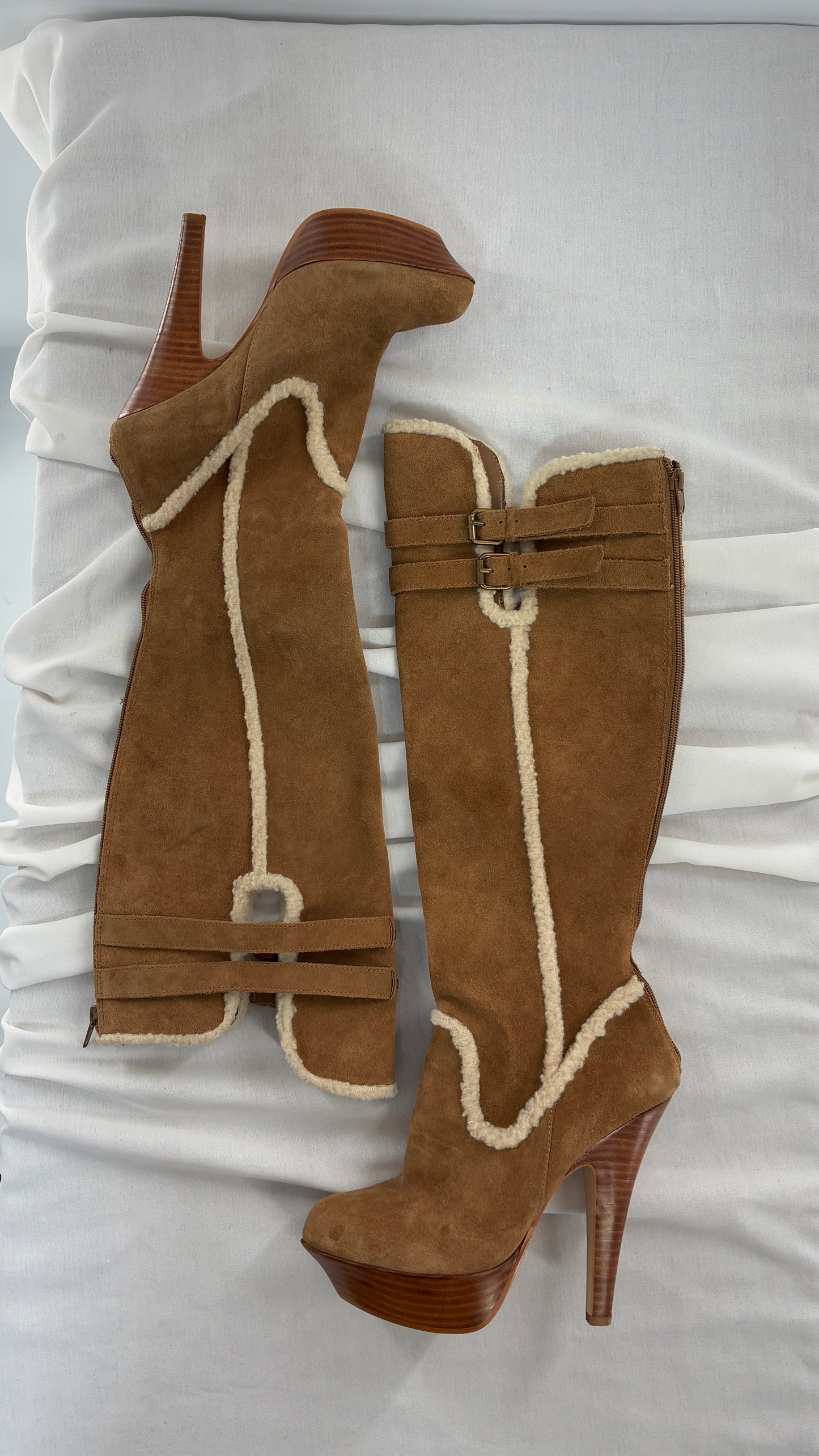 Vintage BEBE Genuine Suede Leather Stiletto, Platform Knee High Boots with Shearling Piping (8B)