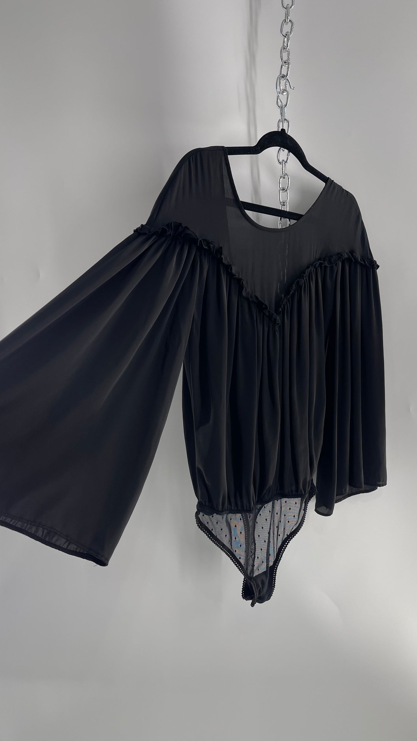 Free People Black Silky Ruffled Sweetheart Neckline Detail with Pleated Bodice and Open Back (XS)