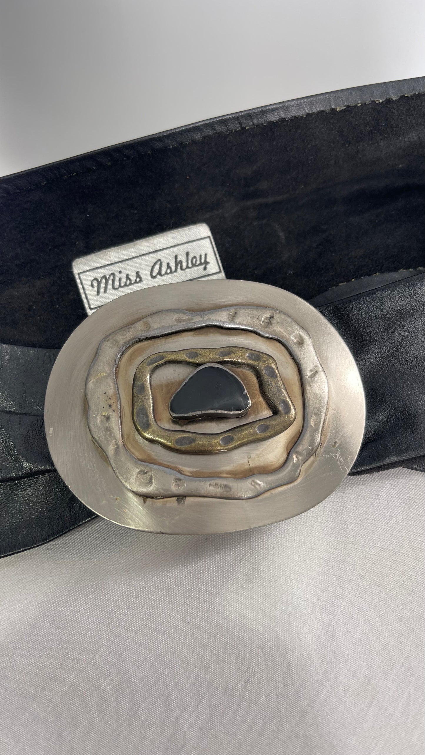Miss Ashley Black Leather Belt with Silver Medallion Buckle (Small)