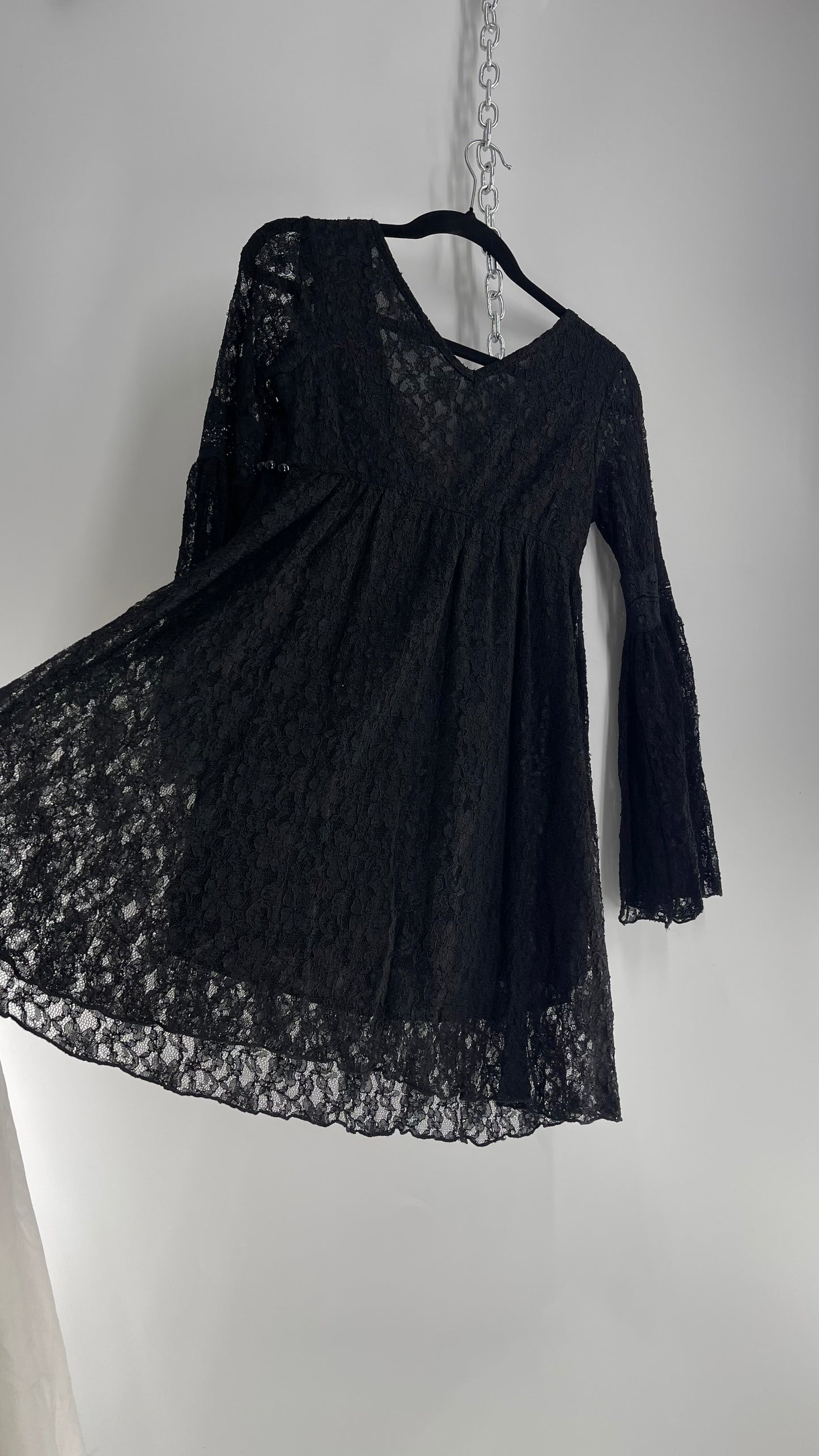 Vintage Black Lace Bell Sleeve Beaded Bust Babydoll Dress (Small)