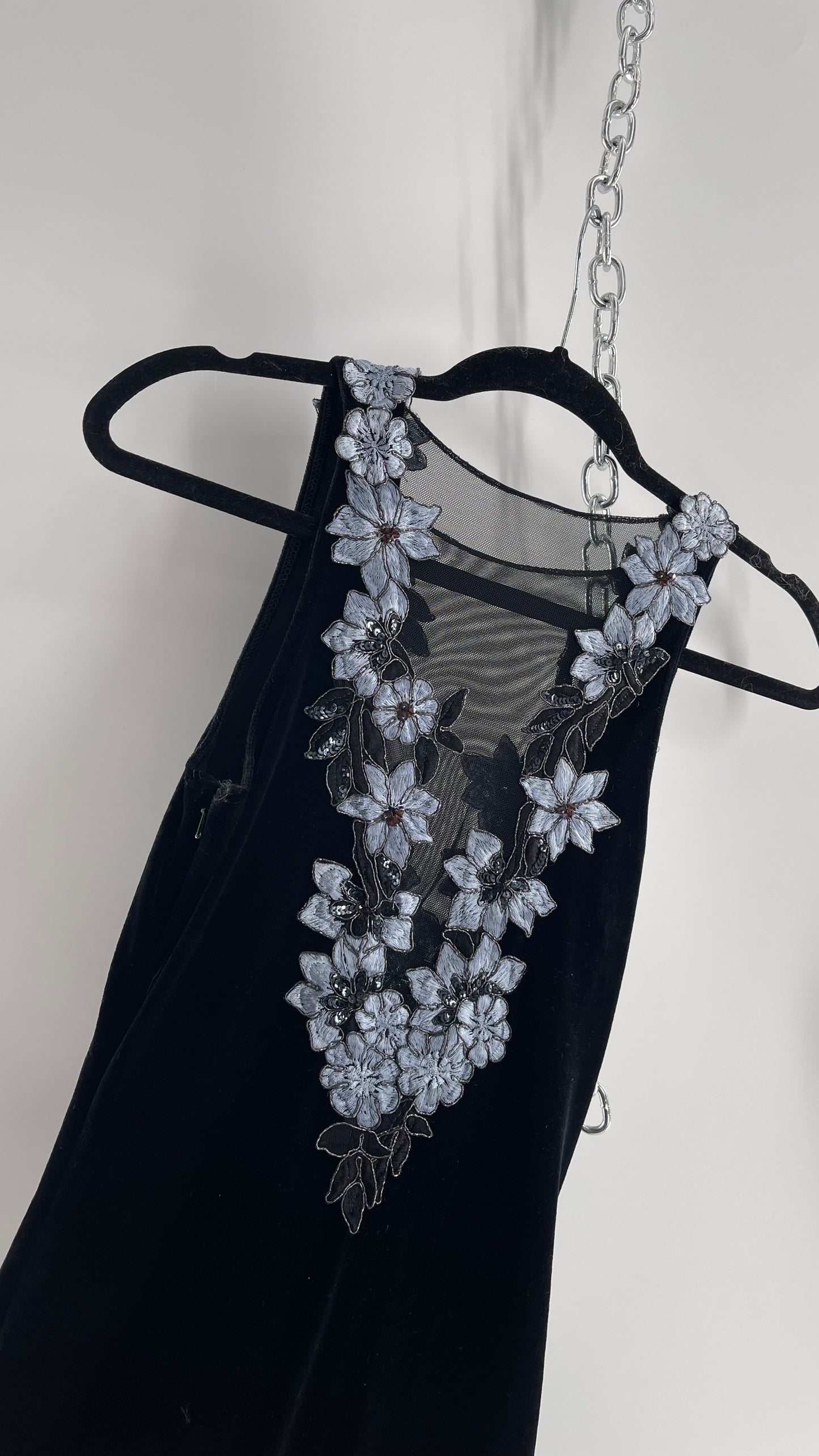 Vintage Jessica McClintock Black Velvet Fit And Flare Gown with Plunging Neckline Covered in Embroidered Beaded Pale Blue Flowers (2)