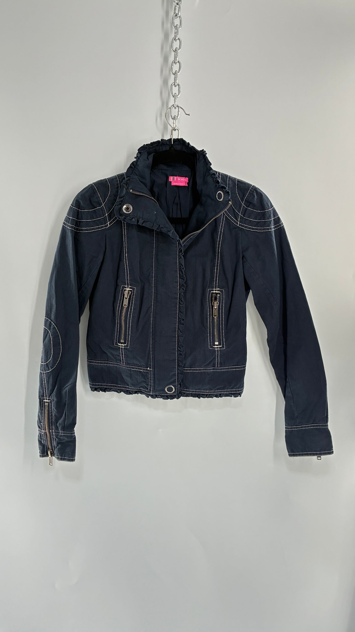 Vintage BCBGirls Navy Blue Canvas Jacket with White Stitching (2)