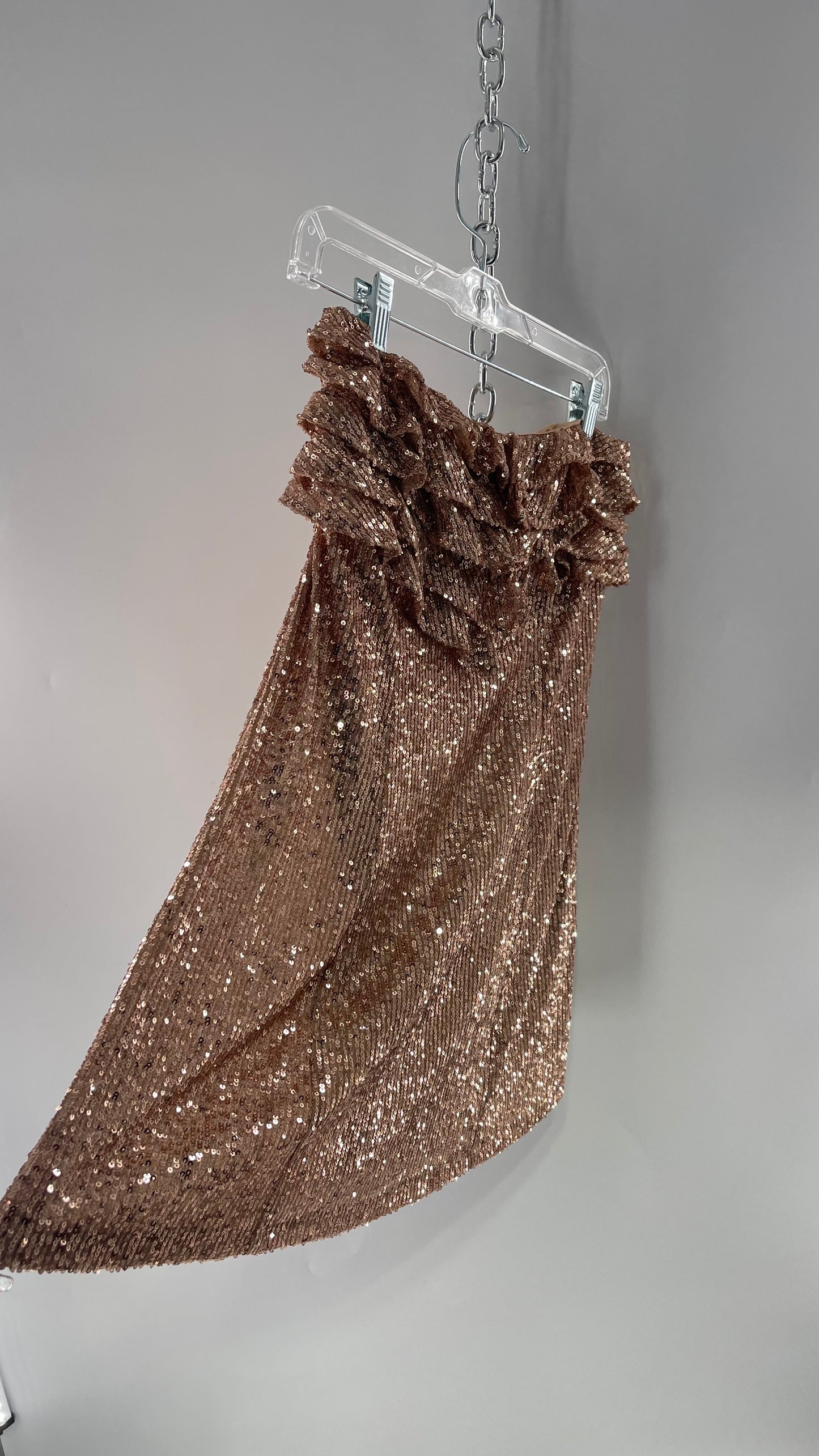 Free People Rose Gold Sequin Mini Dress with Ruffled Bust and Statement Back Zipper (4)
