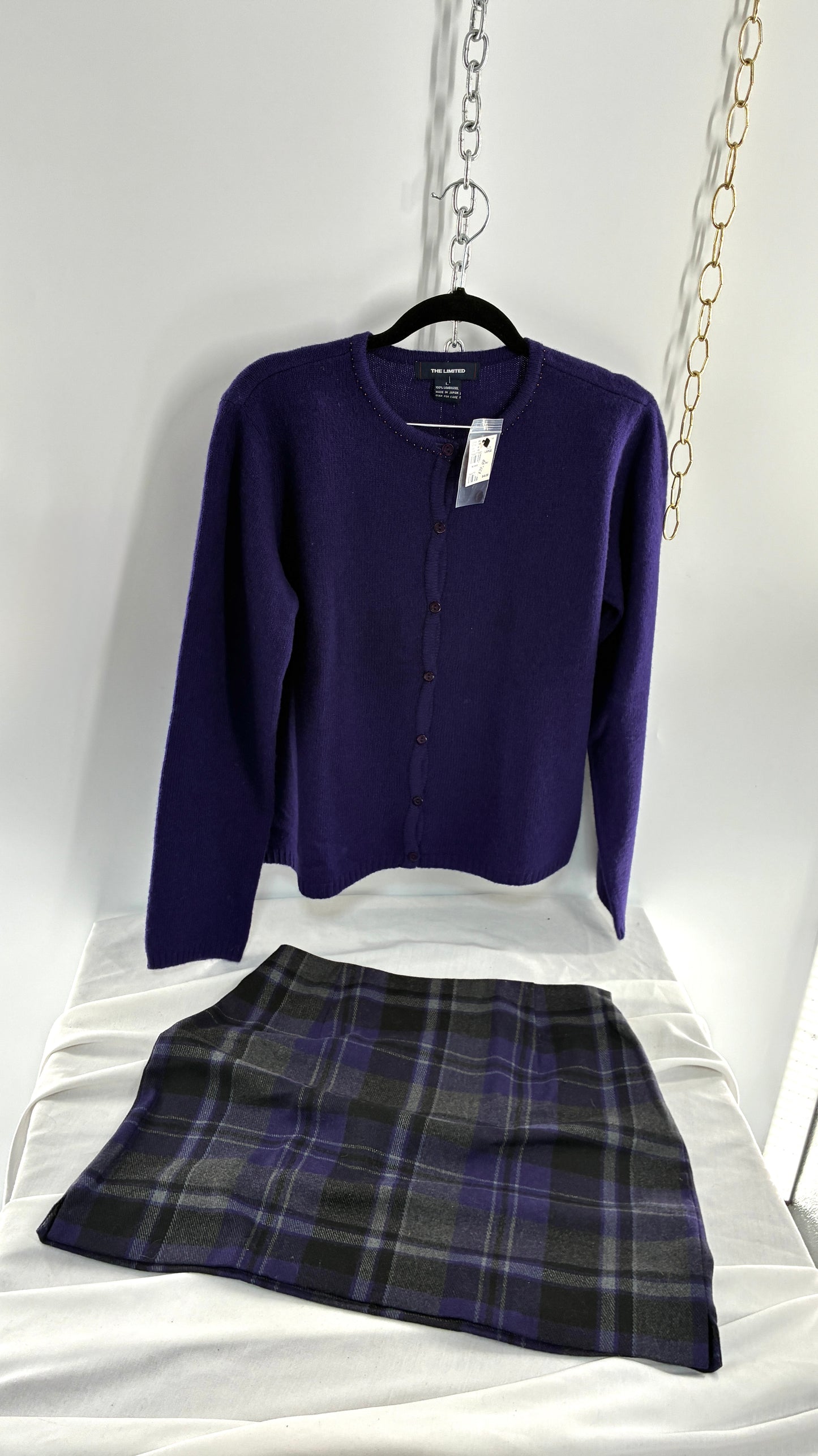 Deadstock Vintage THE LIMITED Japanese 100% Lambswool Purple Cardigan and Plaid Mini Skirt Set (L,10)