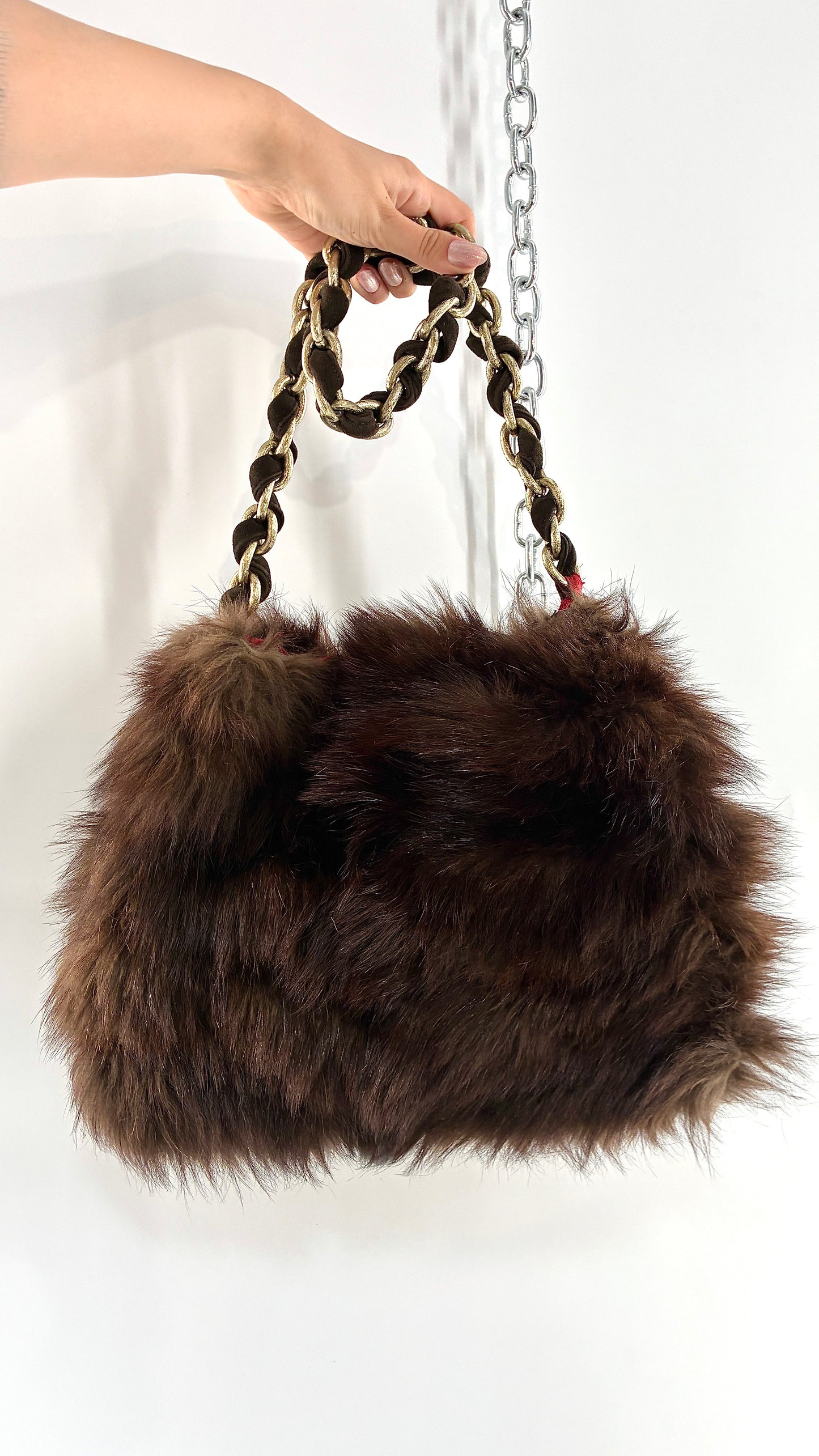 Vintage Handmade Genuine Fur Bag with Heavy Interlaced Gold Chain Strap