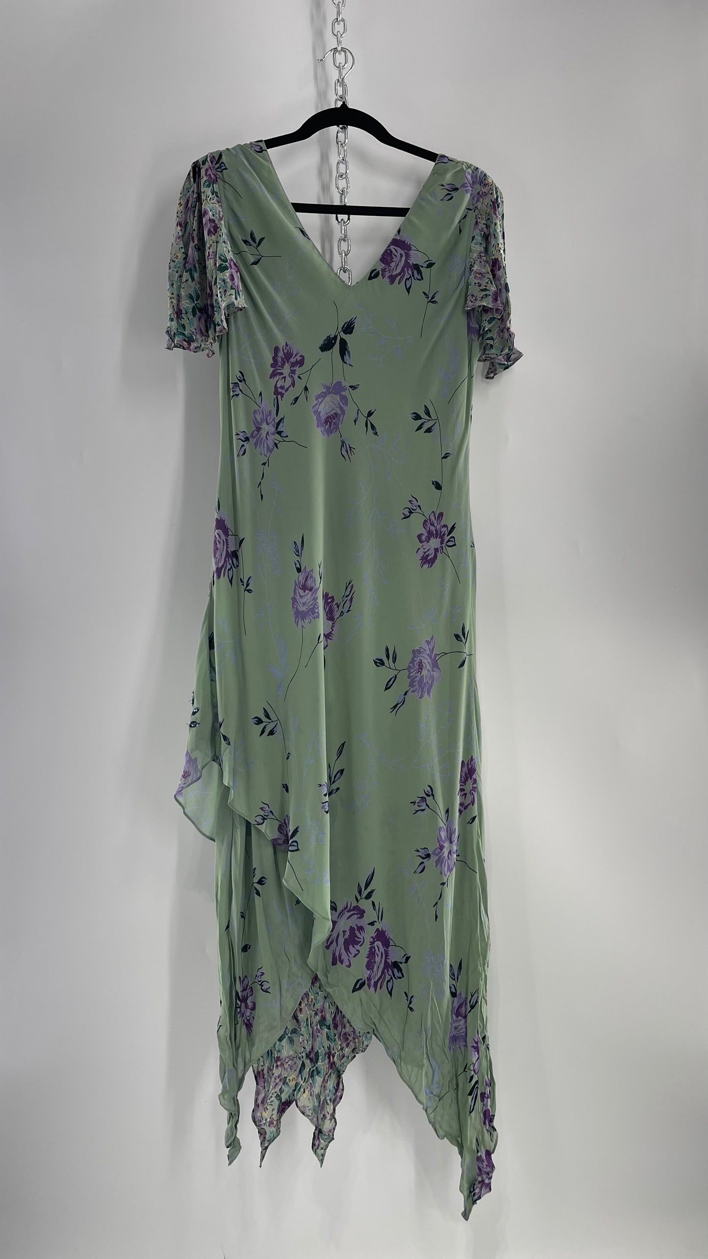 Vintage 1990s EVA BLUE Sage Green  Dress with Purple Beaded Florals and Handkerchief Hem(16)