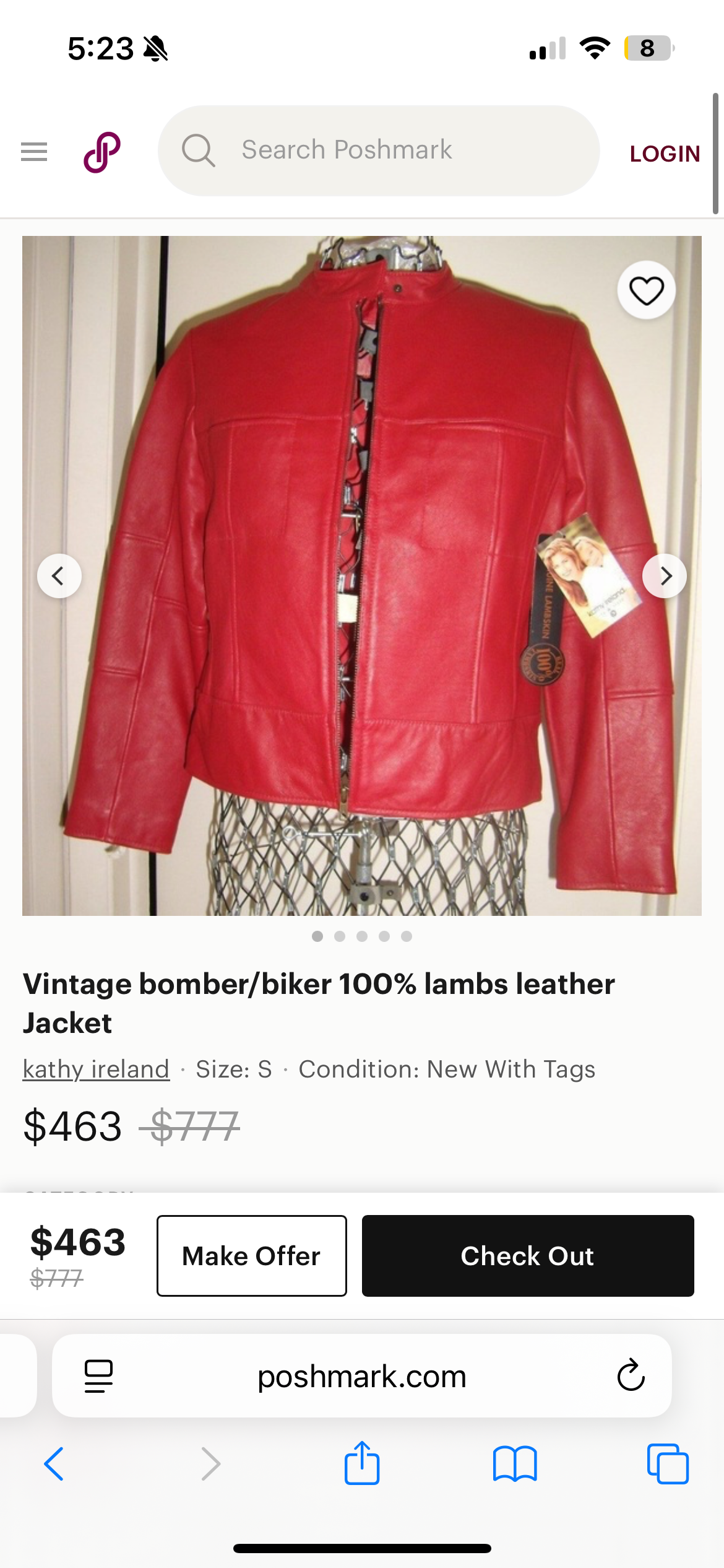 KATHY IRELAND Lamb Leather Red Motorcycle Neck Strap Jacket (Medium)