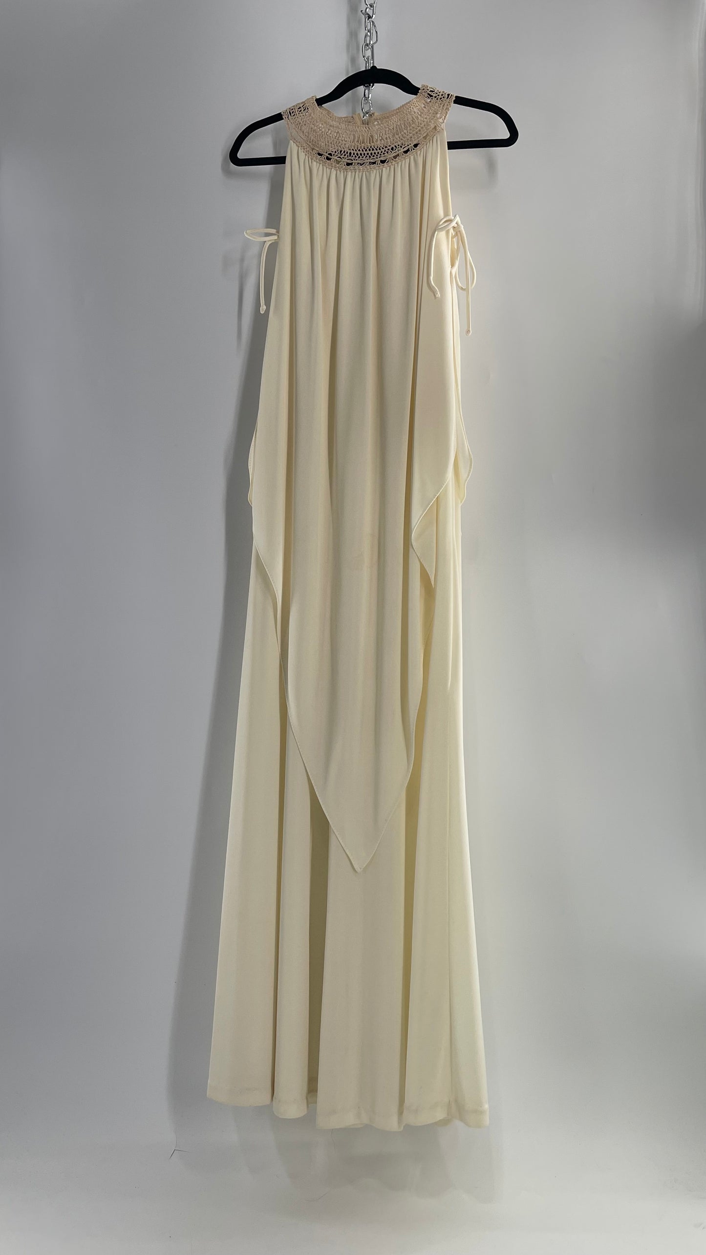 Vintage 1970s Off White Hand Made Goddess Gown with Draping Details, Tie Underarm, Pleated Body and Crochet/Macrame Neckline Detail (XS/S)