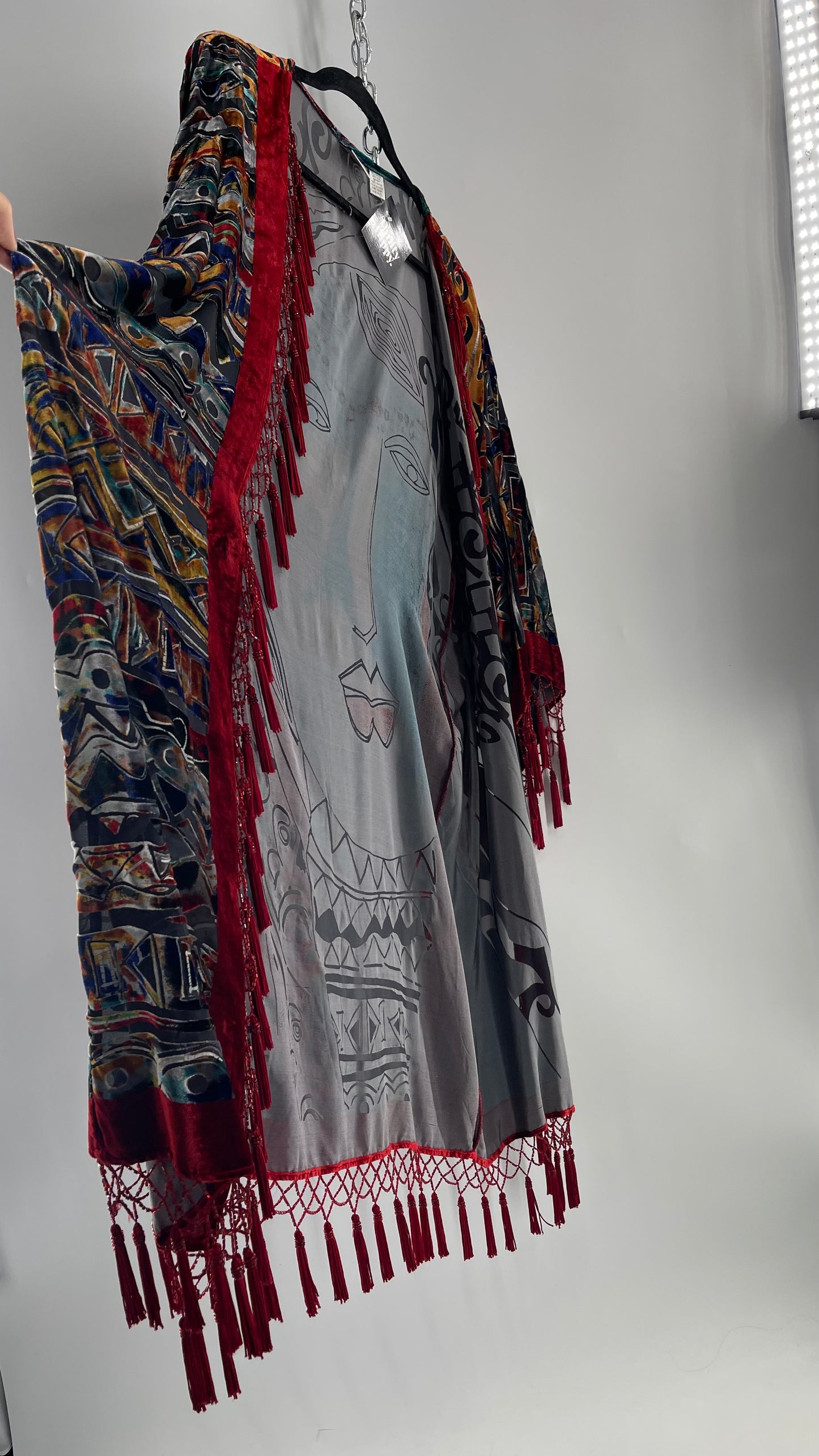 Vintage Burnout Buddhist Motif Velvet/Velour Beaded Fringe Duster Coat/Kimono with Tassel Sleeves and Hems (M/L)