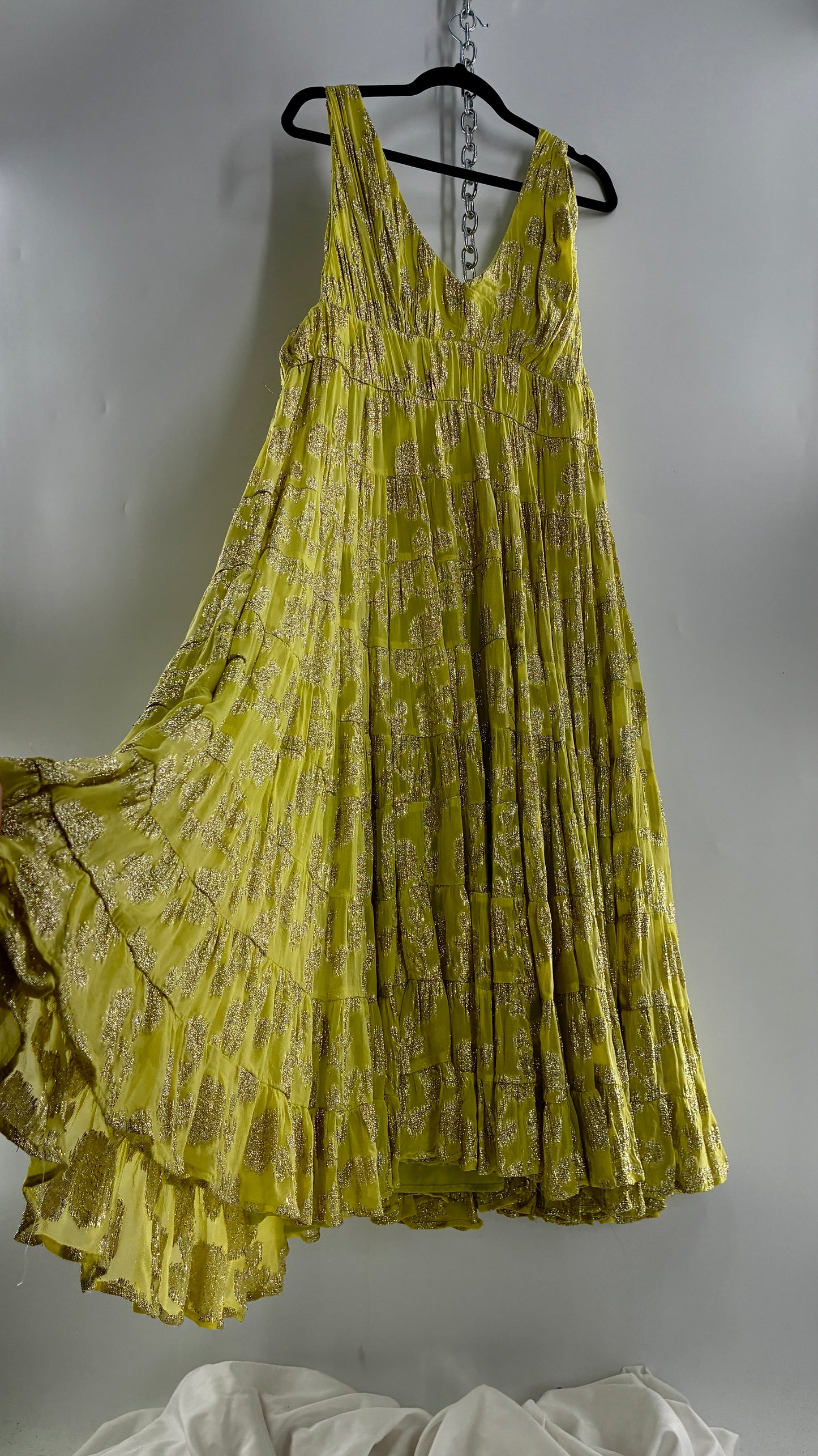 LET ME BE Lime Yellow/Green Ultra Voluminous Tiered Dress with Gold Metallic Jacquard Appliqué Pattern (XL)