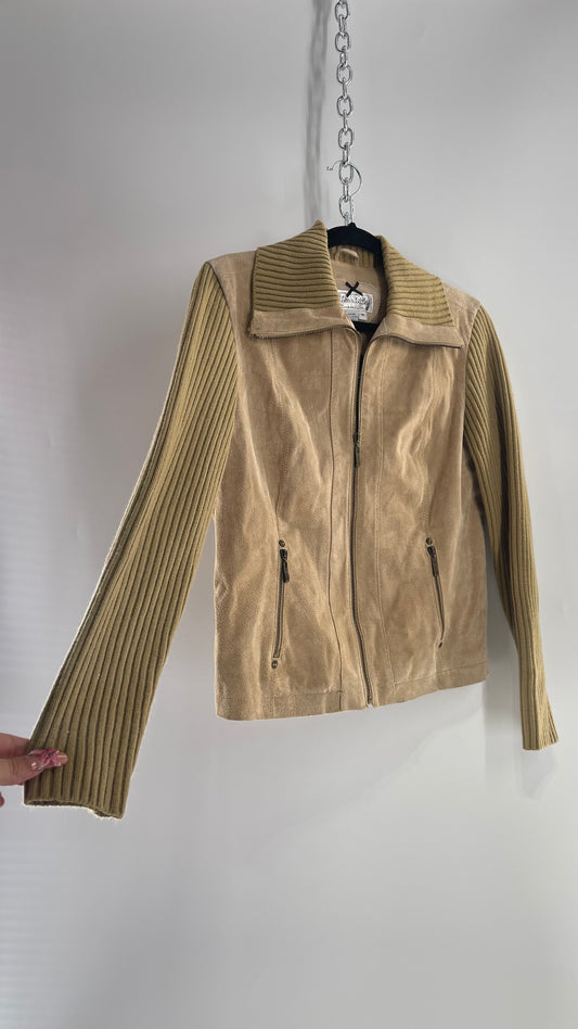 Live a Little Beige/Tan Suede Jacket with Ribbed Knit Sleeves and Collar (Medium)