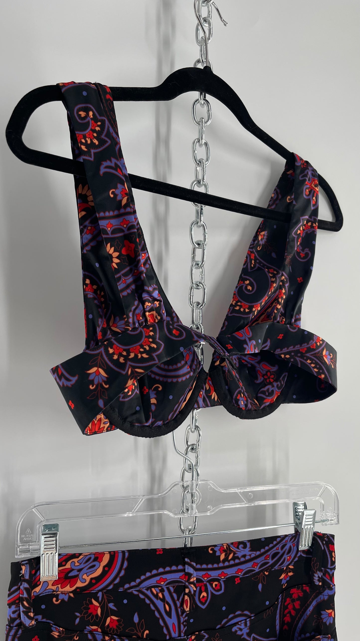 Danielle Bernstein Satin Paisley Underwire Festival Top and Kickflare 2pc Set (Small)