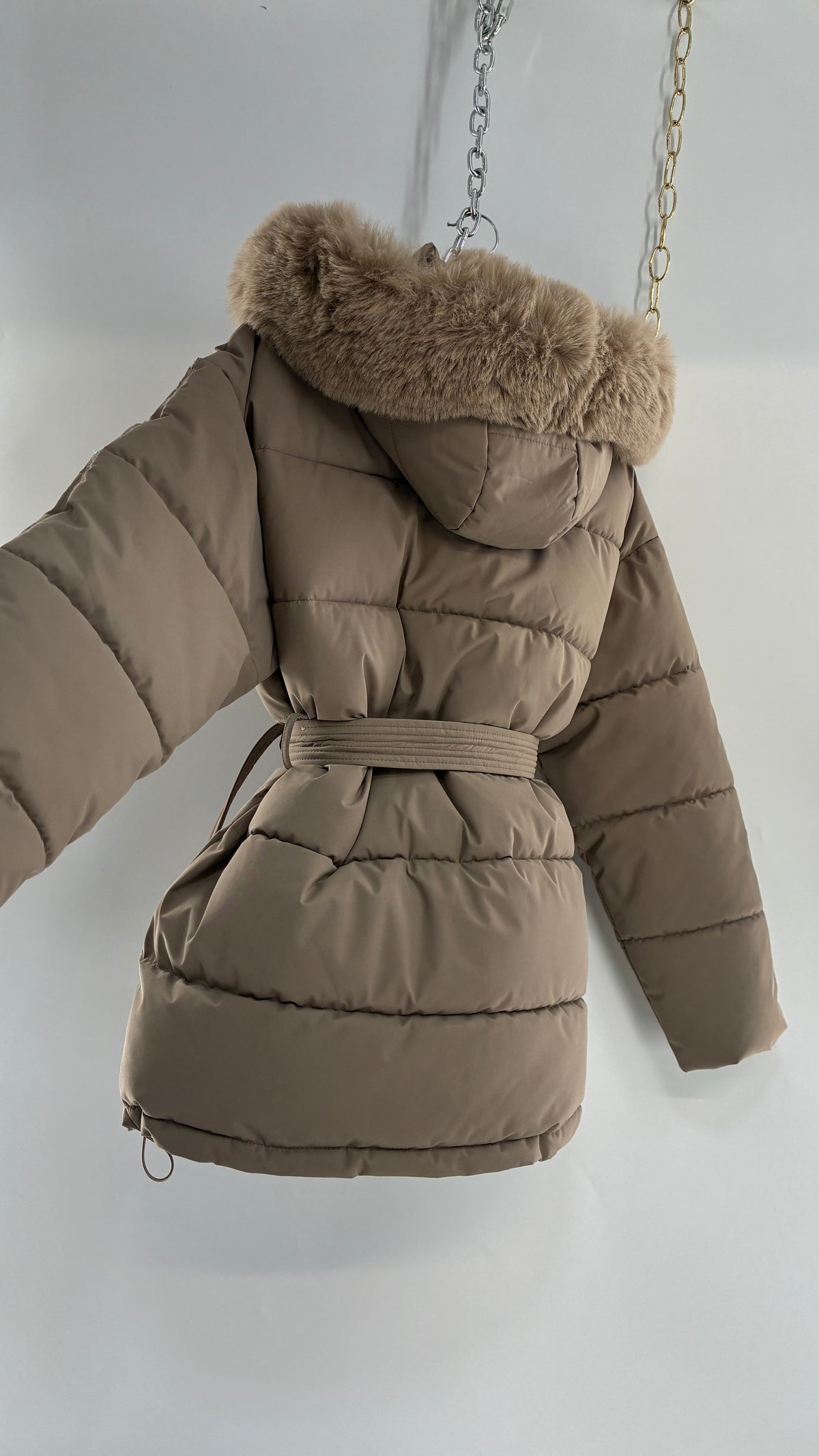 KATCH ME Taupe NWOT Bubble Coat with Exaggerated Vegan Fur Lined Hood NWOT (XL)