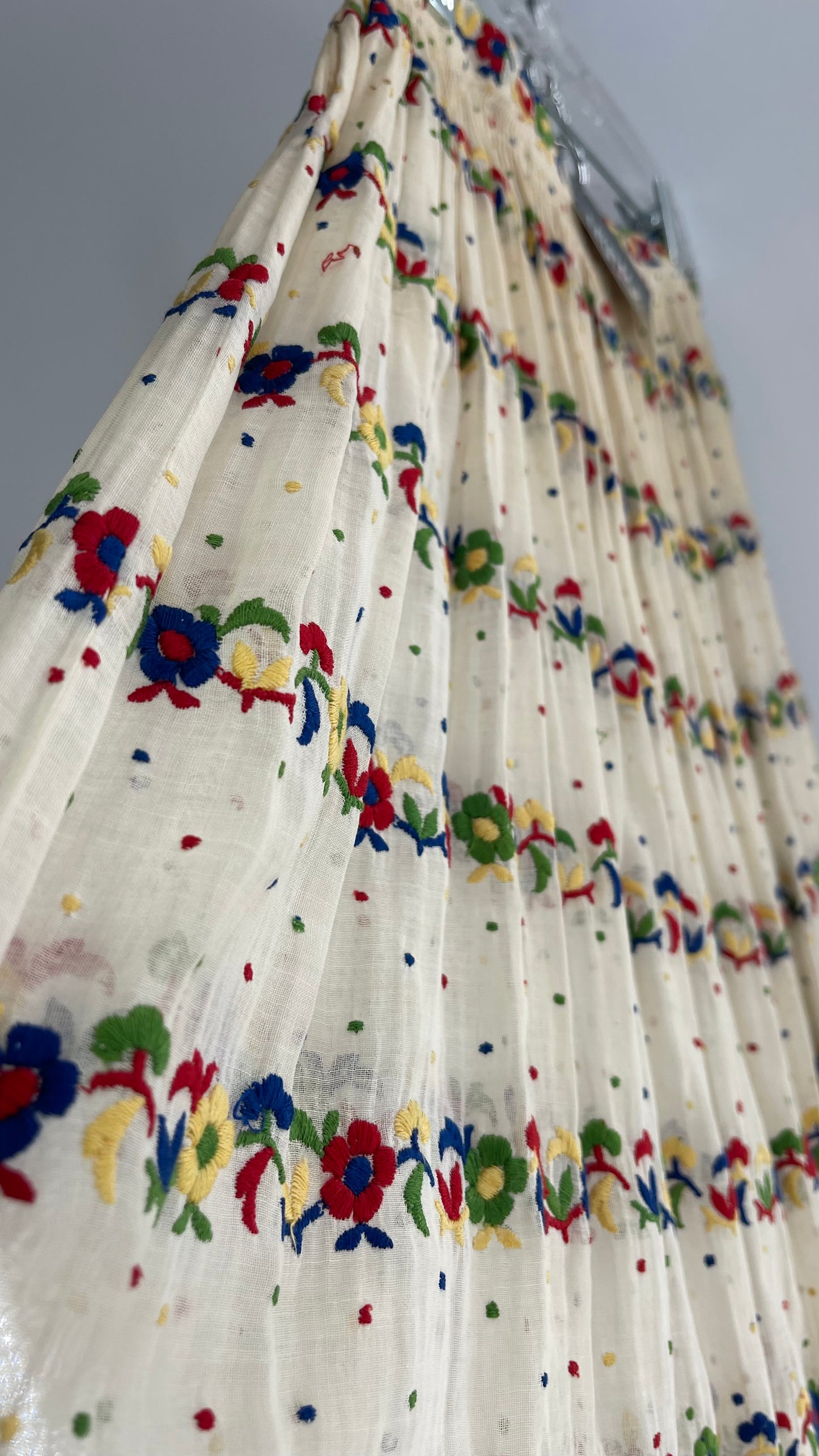 Vintage 1970s Hand Made Off White Cotton Sheer Skirt with Embroidered Flowers in Primary Colors (XS/S)