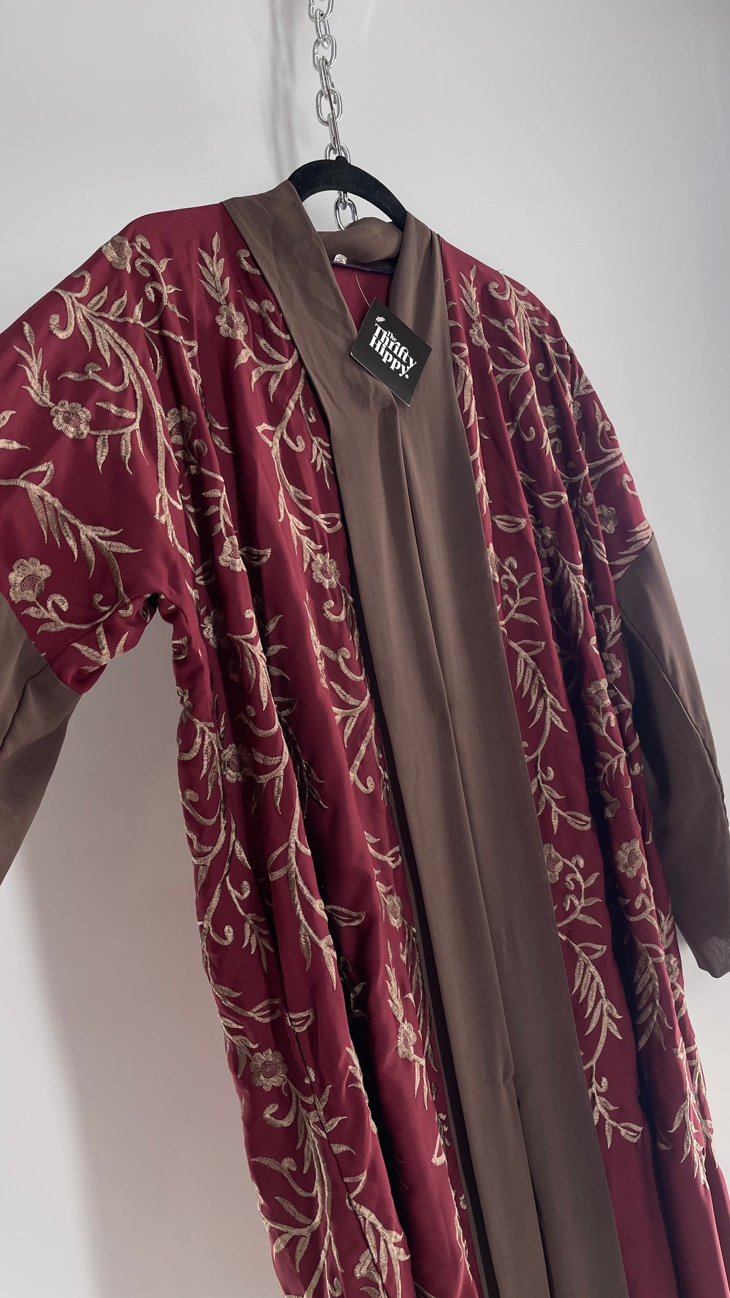 Vintage Embroidered Burgundy Sweeping Duster Coat/Cape with Tan Embroidery