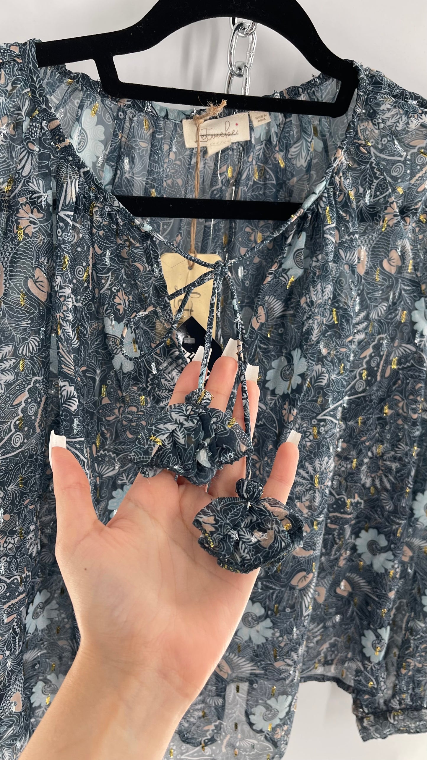 Anthropologie Let Me Be (Small) Blue Voile Blouse with Silver and Gold Ribbon Pieces and Tags Attached