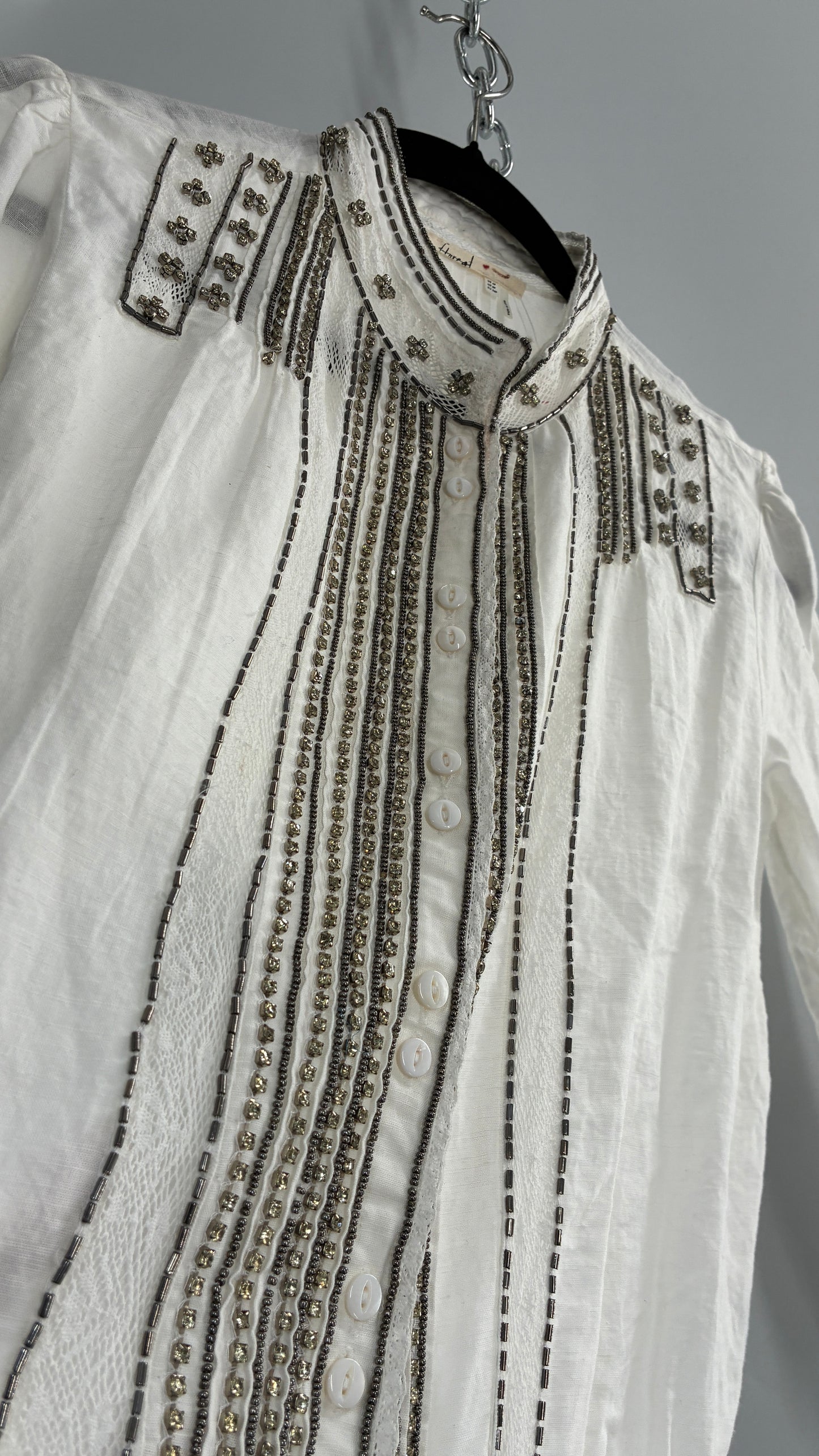 Anthropologie FLOREAT Linen Cotton White Button Up with Lace and Rhinestone Details (4P)