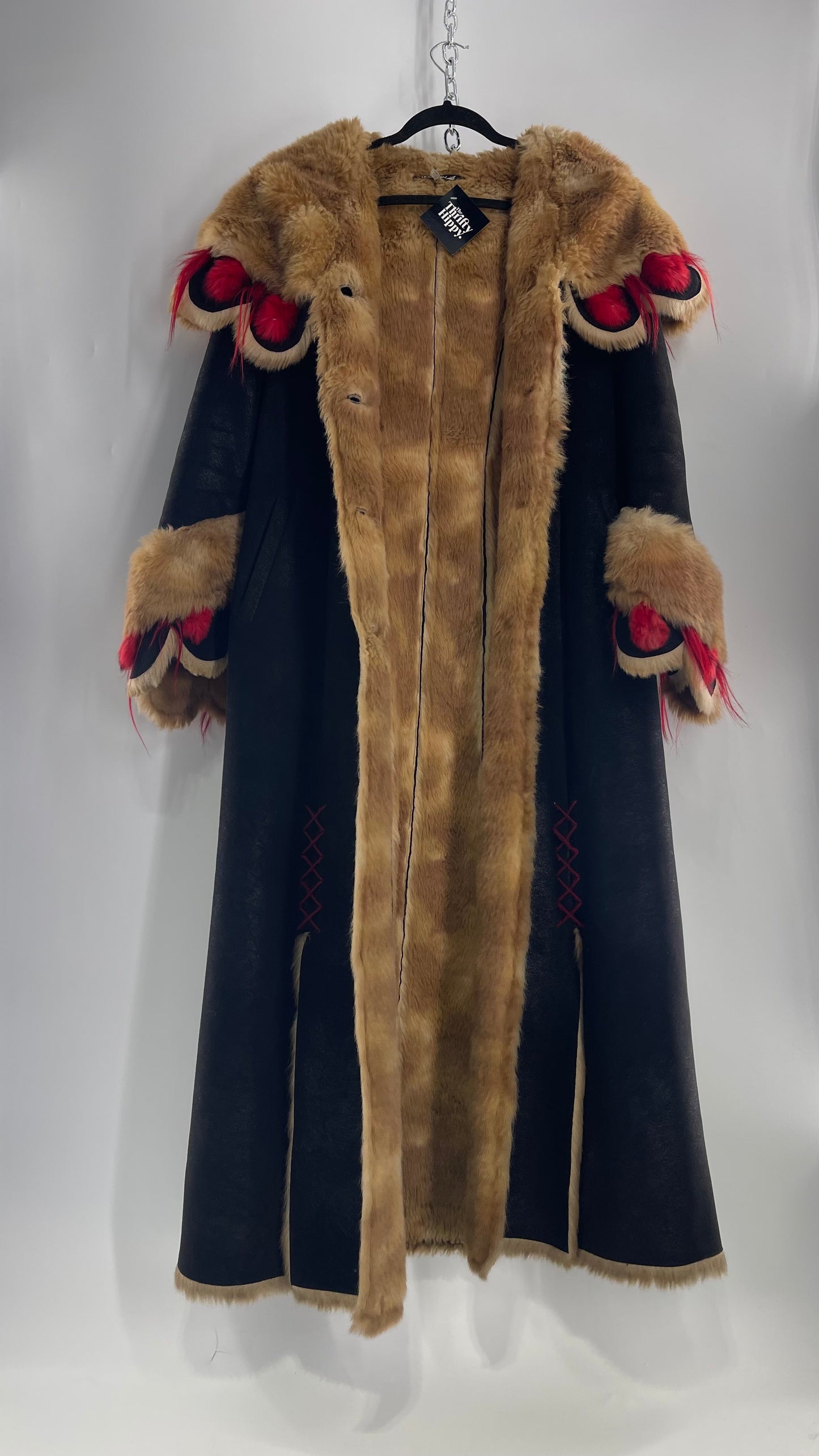 Vintage Russian Black Coat with Brown Fur Piping/Lining, Red Feathers, Scalloped Sleeve, and Hood (Medium)