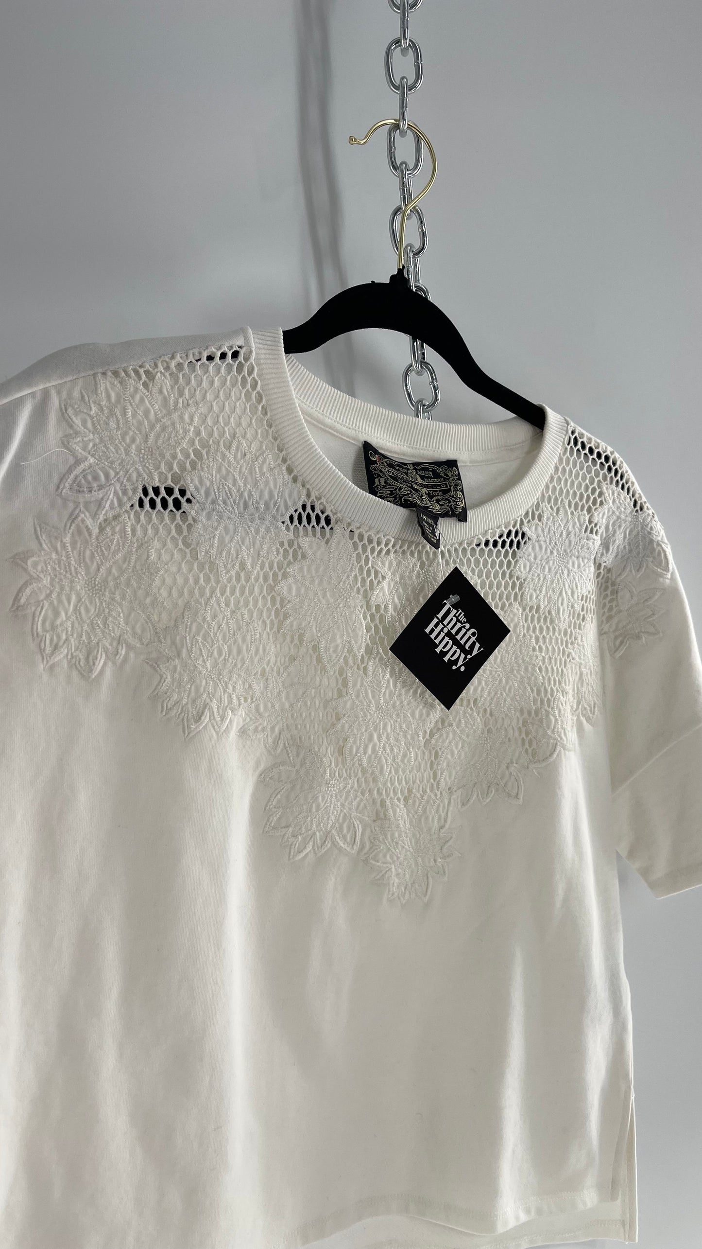 JAMES COVIELLO NY, NY White Thick T Shirt with Embroidered Florals and Mesh (S Petite)