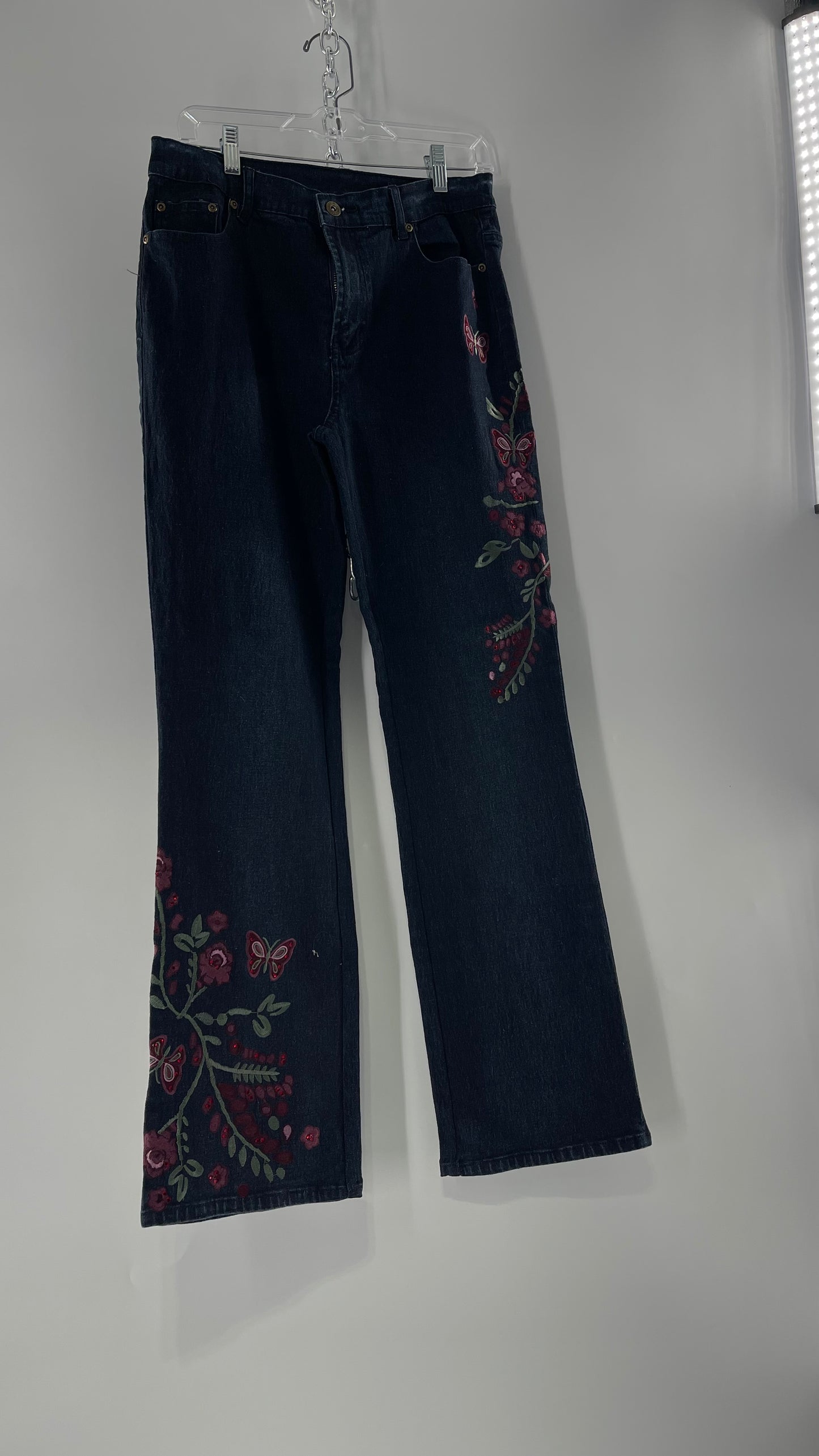 Diane Gilman Dark Wash Embroidered Embellished Butterfly Kickflare Jeans (8)