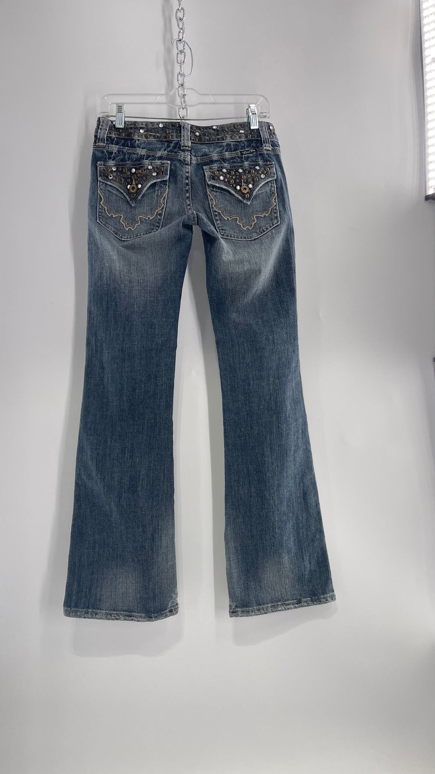 Vintage Miss Me Grainy Stone Wash Kick Flares with Studded Low Waist and Back Pockets (26)