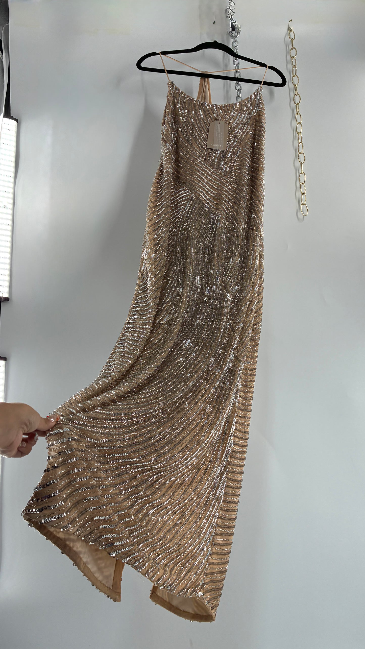 MESHKI Tierra Nude Full Length Dress with Silver Sequins with Tags Attached (XXXL)