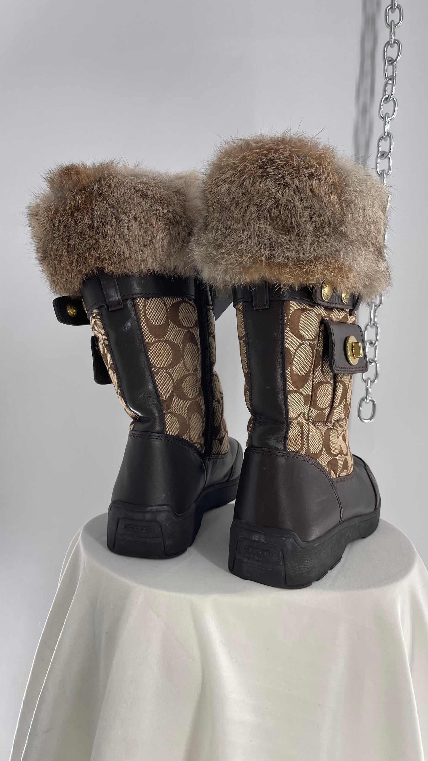 Coach Vintage Kimberly Brown Leather Quilted Monogram Rabbit Fur Trim Boot with Ankle Pouches  (8.5)