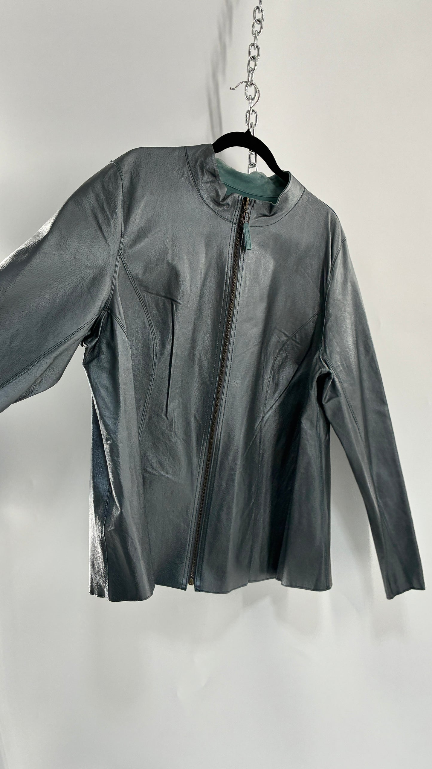 Vintage 1990s Metallic Blue Genuine Leather and Suede Reversible Thin, Zip Up Moto Jacket (XXL)