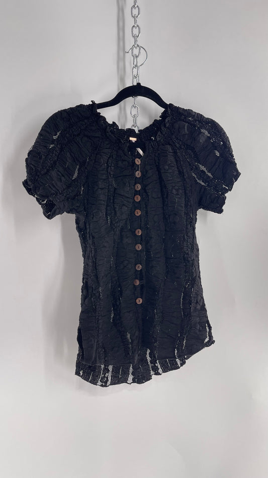 Free People Black Ruched Lace Puff Sleeve Blouse with Coconut Buttons and Tags Attached (XS)