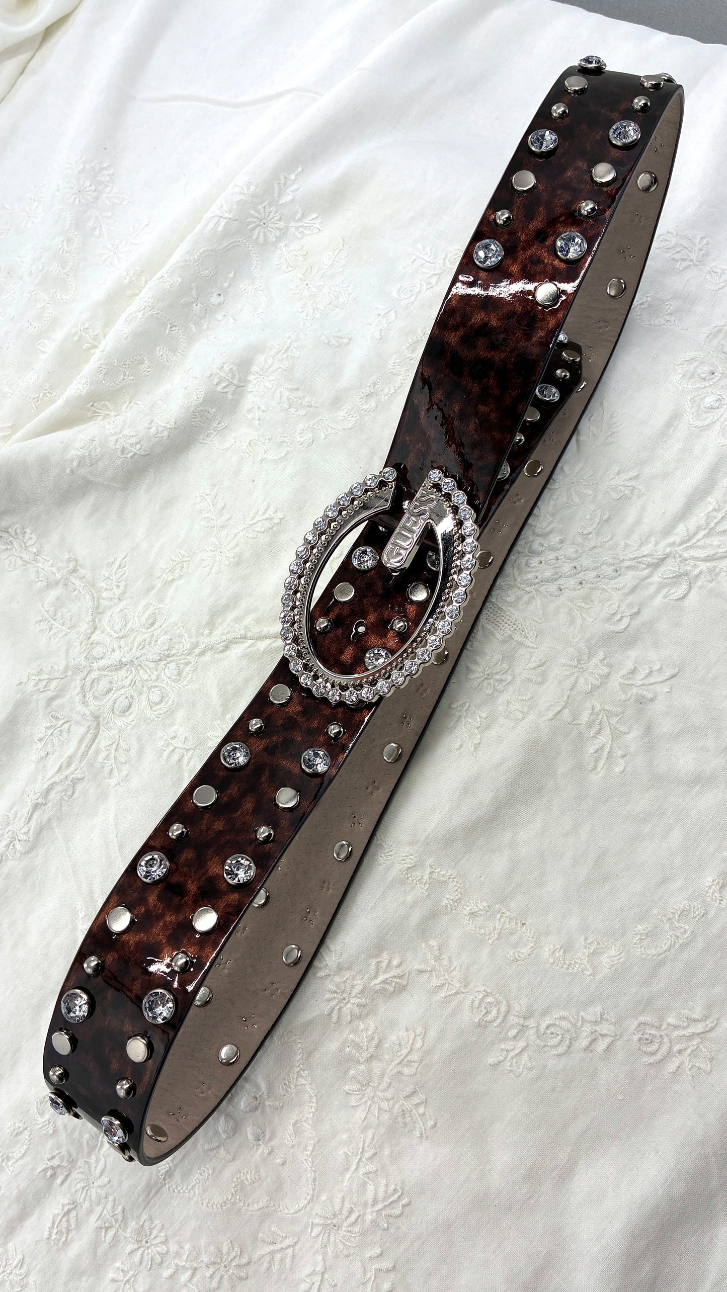 Vintage GUESS Glossy Tortoise/Cheetah Belt Covered in Studs, Crystals and Iconic Buckle (Large)