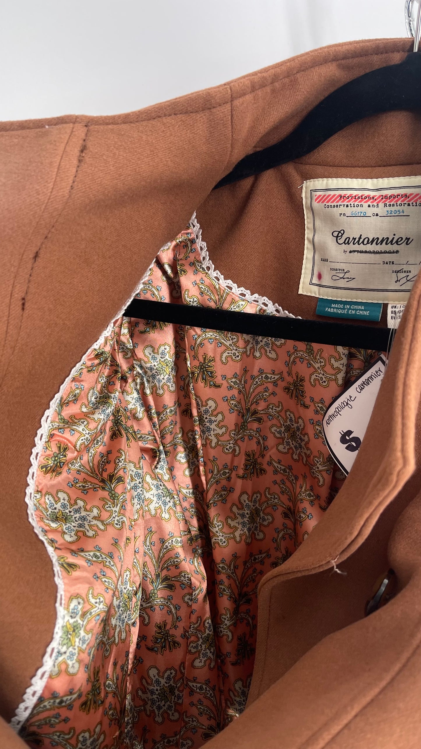 Anthropologie Cartonnier Rust/Brown Trench Coat with Satin Paisley Lining (6P)