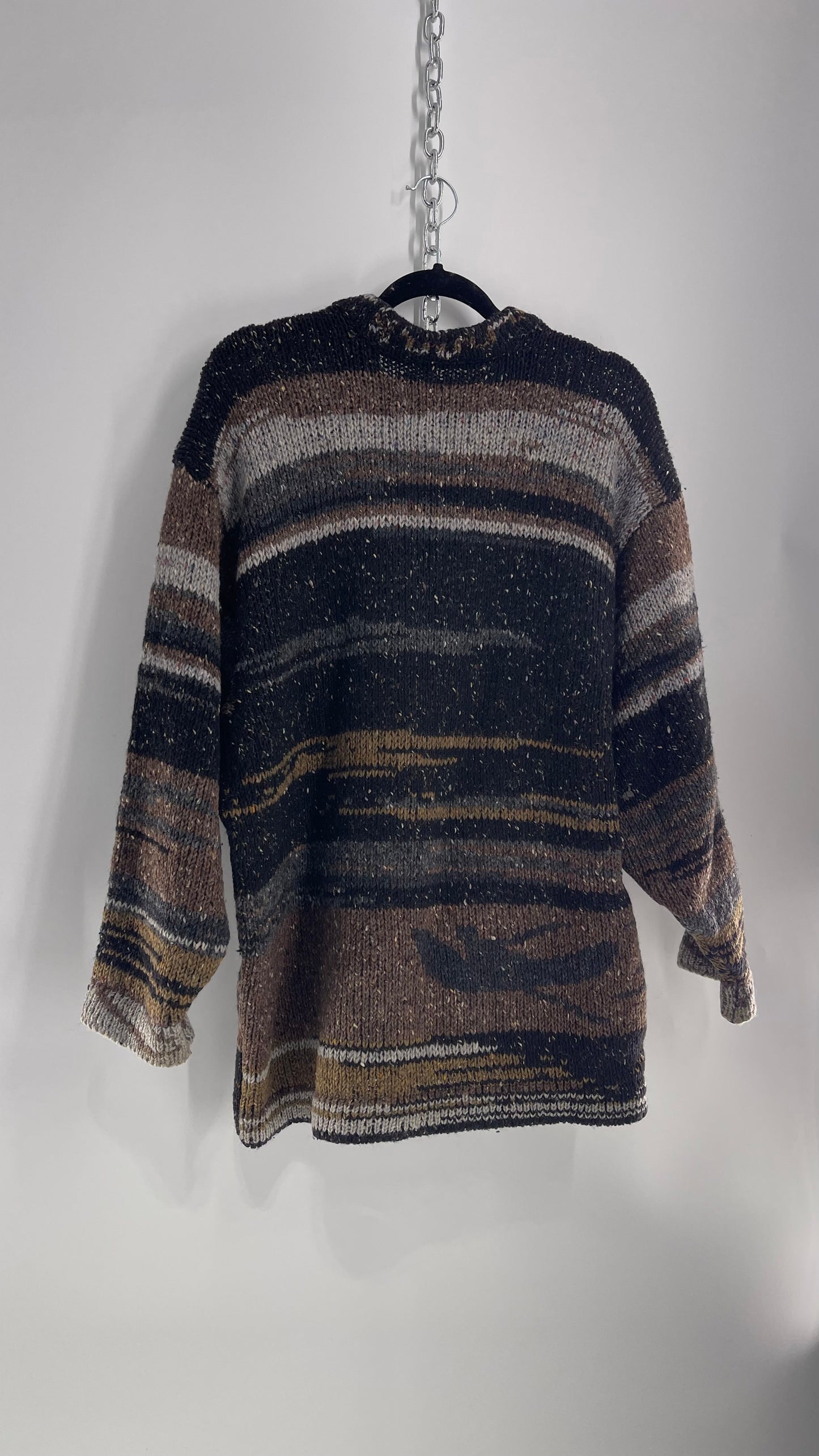 Siochain Knitted in Co Wicklow Ireland Brown Gray Black Brown Stripes Thick Sweater (Large)