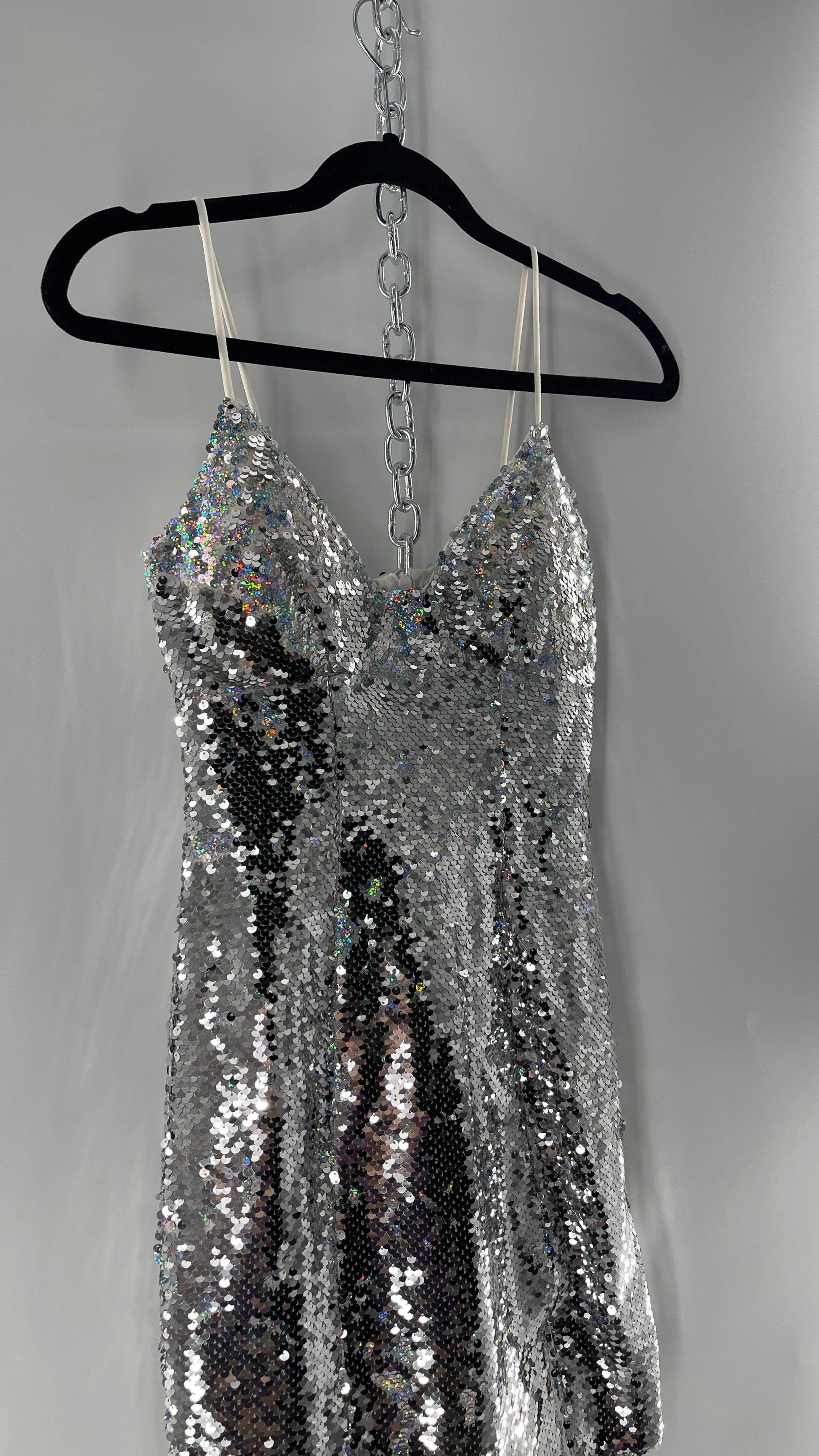 princess polly silver sequin dress Princess Polly Silver Iridescent Sequin Mini Dress with Triangle Cups The Thrifty Hippy