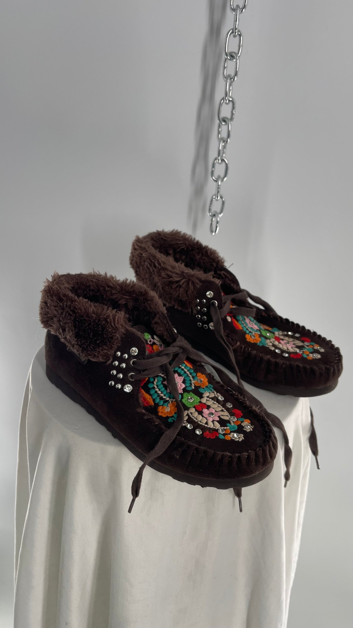 Embroidered Faux Suede & Fur Studs+ Rhinestone Moccasins (8)
