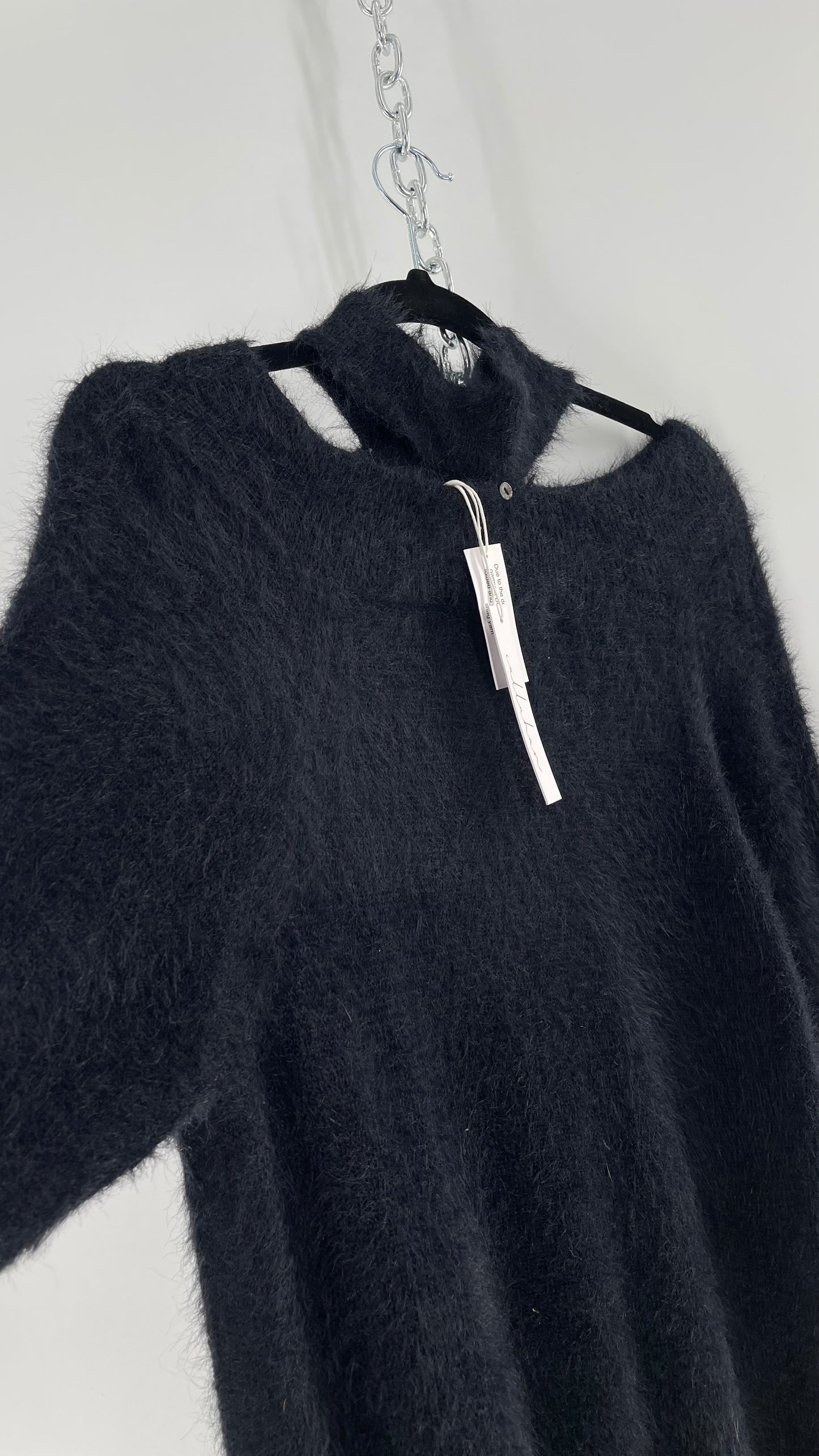 Callahan Black Fuzzy/Shaggy Slouchy Sweater with Choker Neckline Detail (Small)