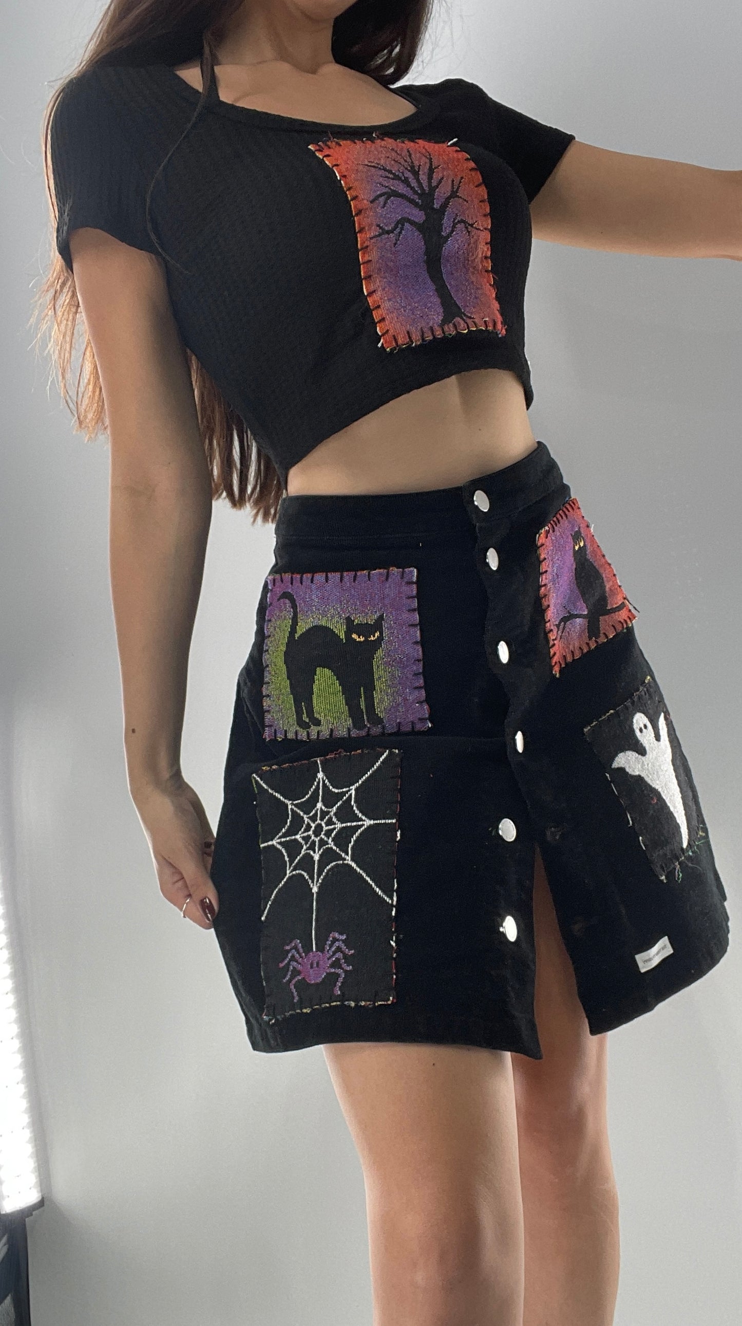 Custom Black Corduroy MNG Skirt with Hand Sewn Halloween Patches (EU M US S)