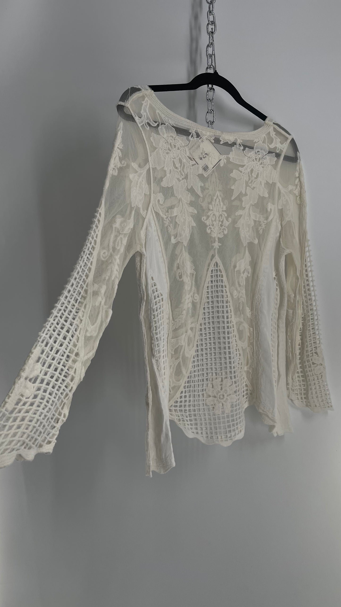 Embroidered Off White Lace and Mesh Paneled Long Sleeve (Medium)