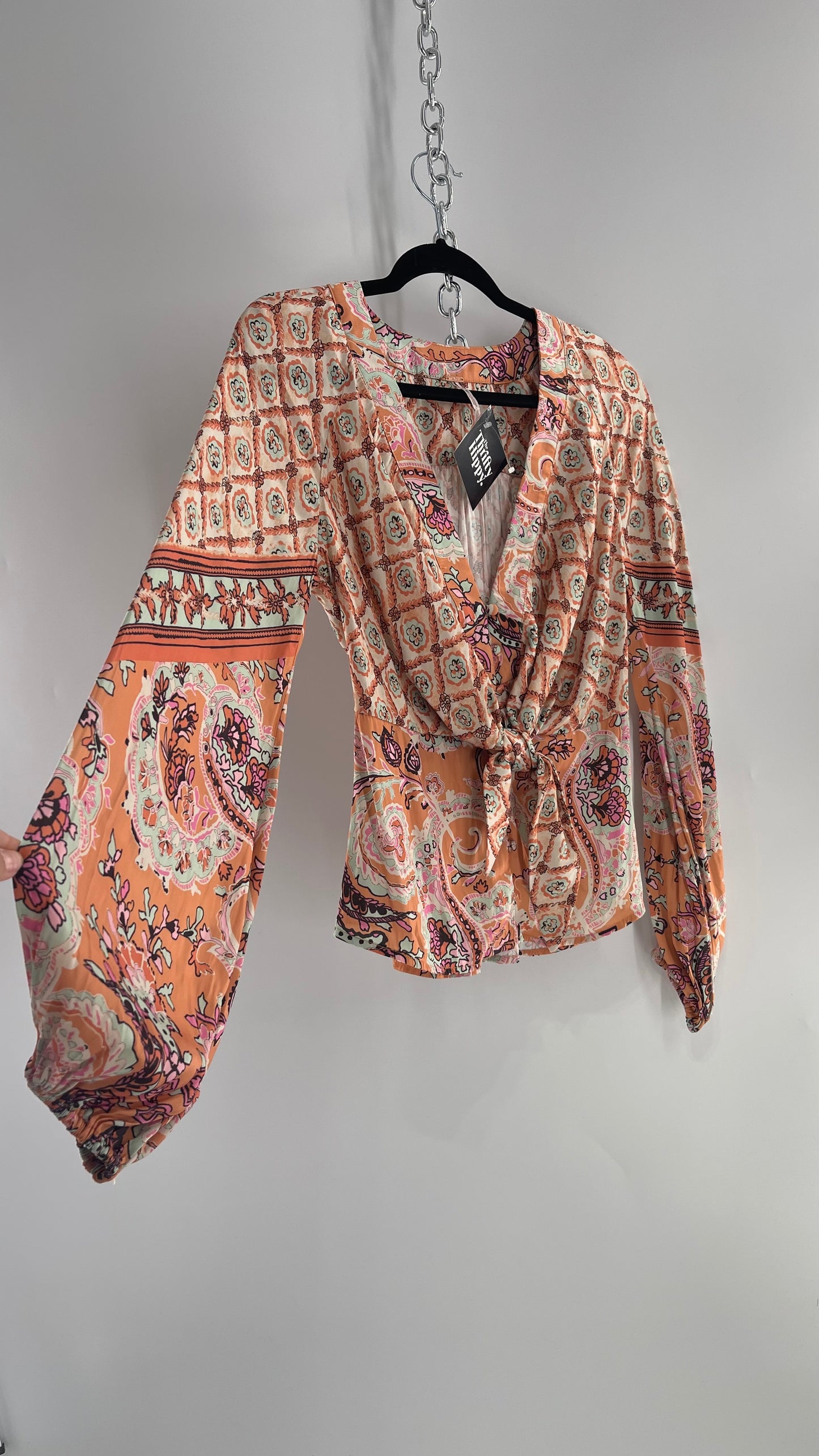 Free People Orange Pastels Paisley Blouse with Bust Tie and Balloon Sleeves (XS)