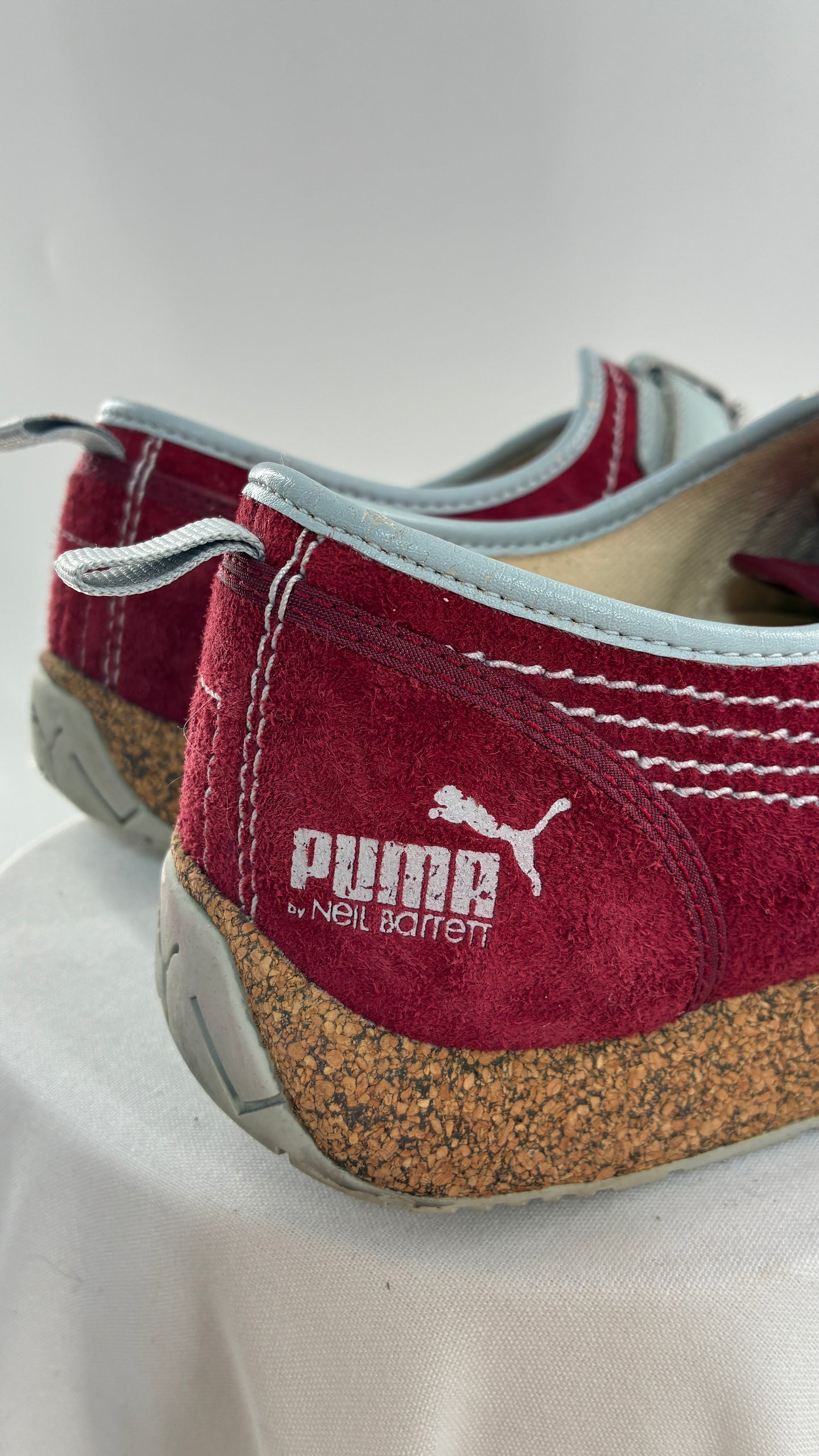 RARE 1/1 PUMA X Neil Barrett 2004 Maroon Red Suede Round Toe Sneaker with Powder Blue Stitching, Laces, and Velcro Buckle (11)