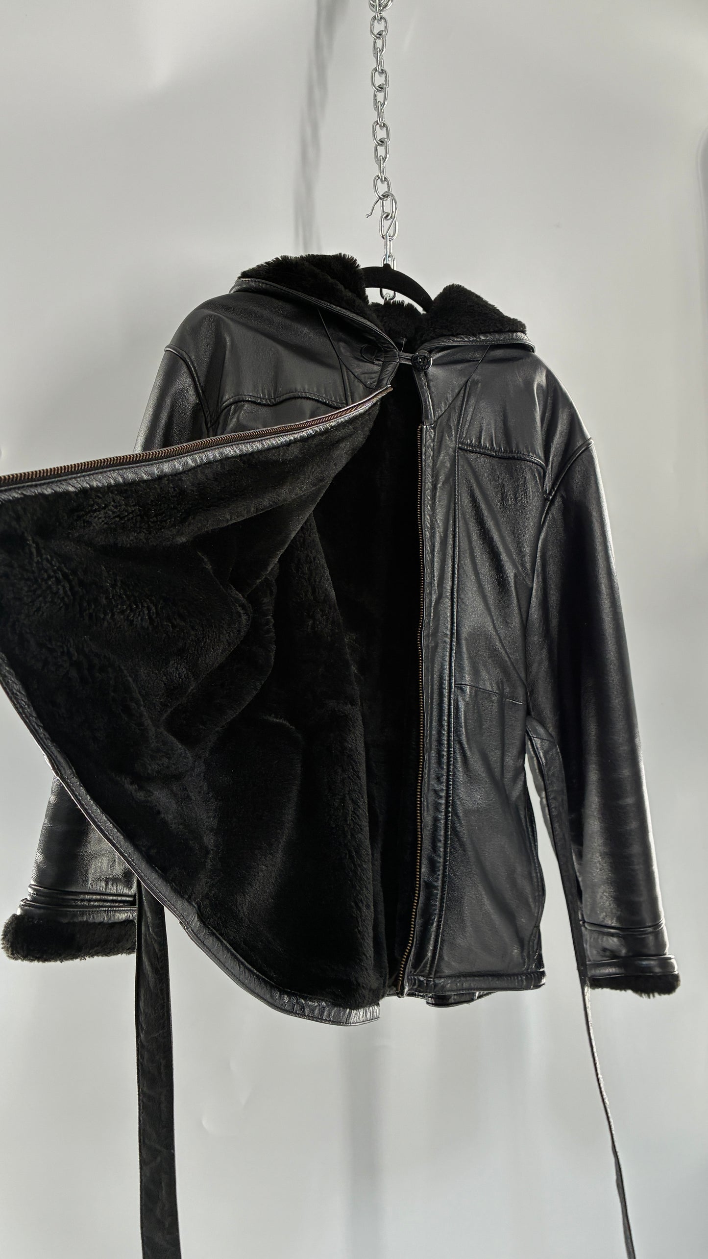 Vintage WILSON’S Fur Lined, Genuine Leather Waist Tie Jacket with Hood (Medium)
