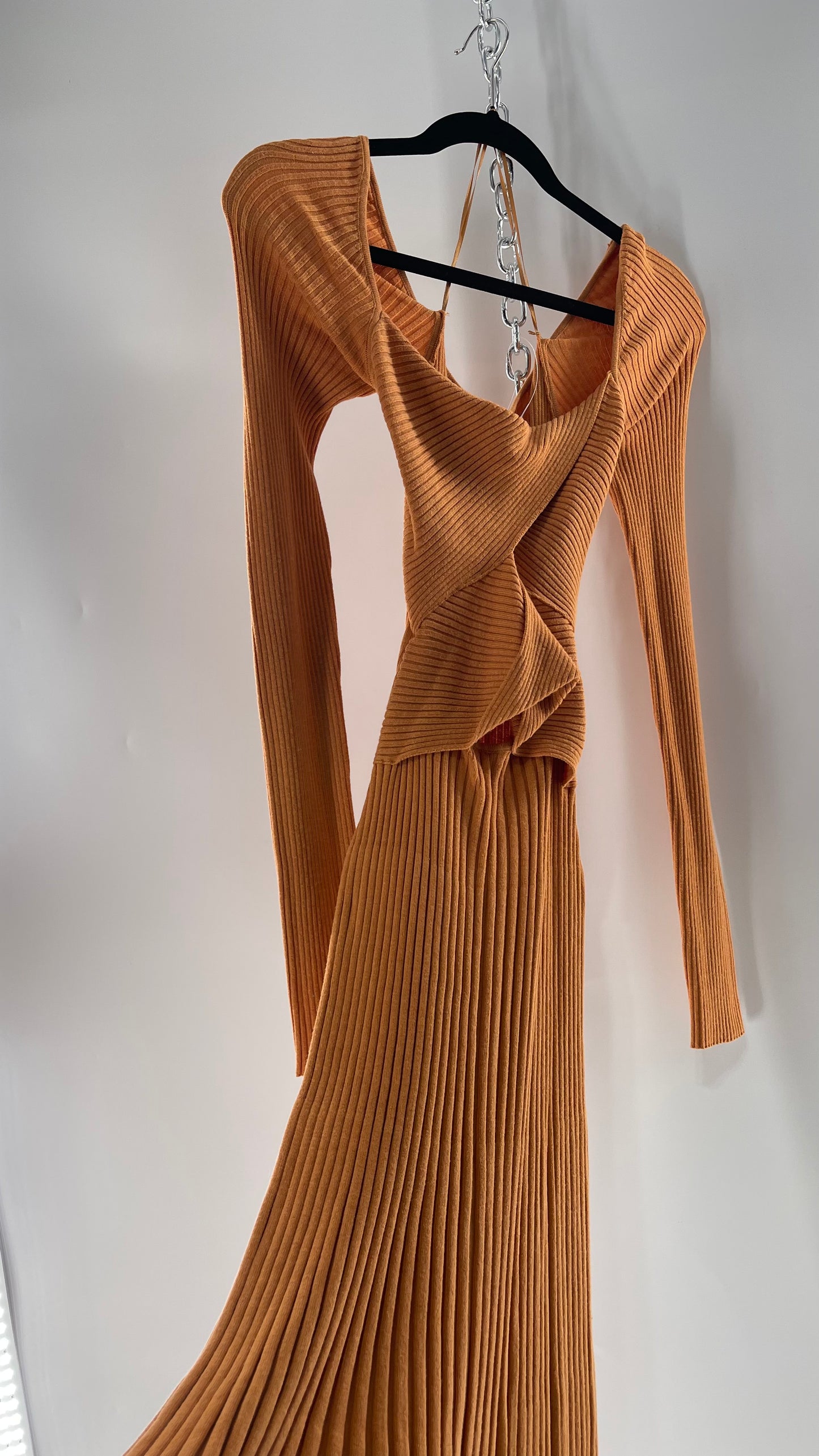 Free People Orange Ribbed Knit Maxi Dress with Cross Over Exposed Midriff Dress (Medium)