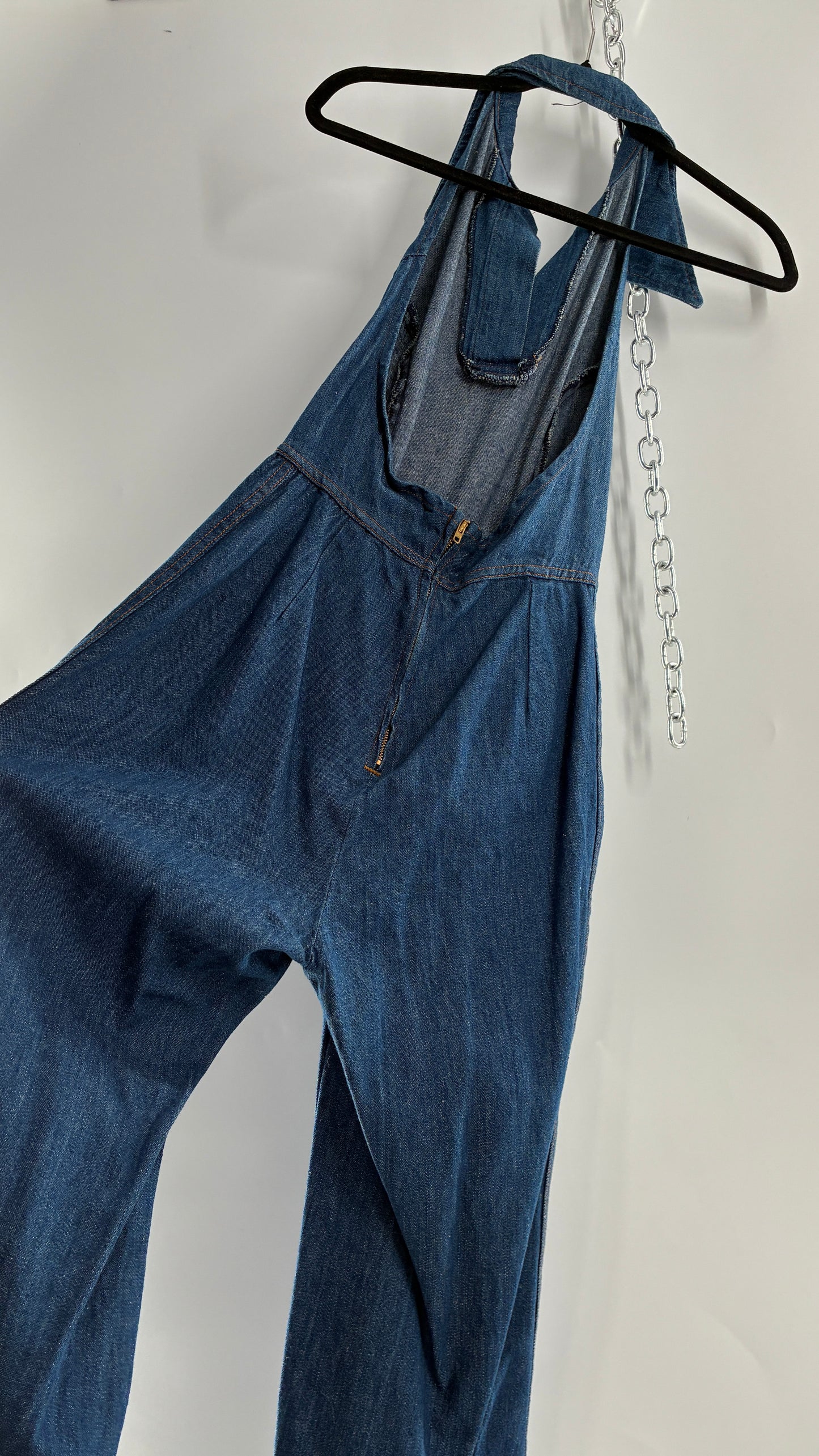 RARE Vintage 1970s Landlubber Medium Wash Denim, Sleeveless Halter, Wide Leg Bell Bottom, Jumpsuit (No Size on Tag, XS)