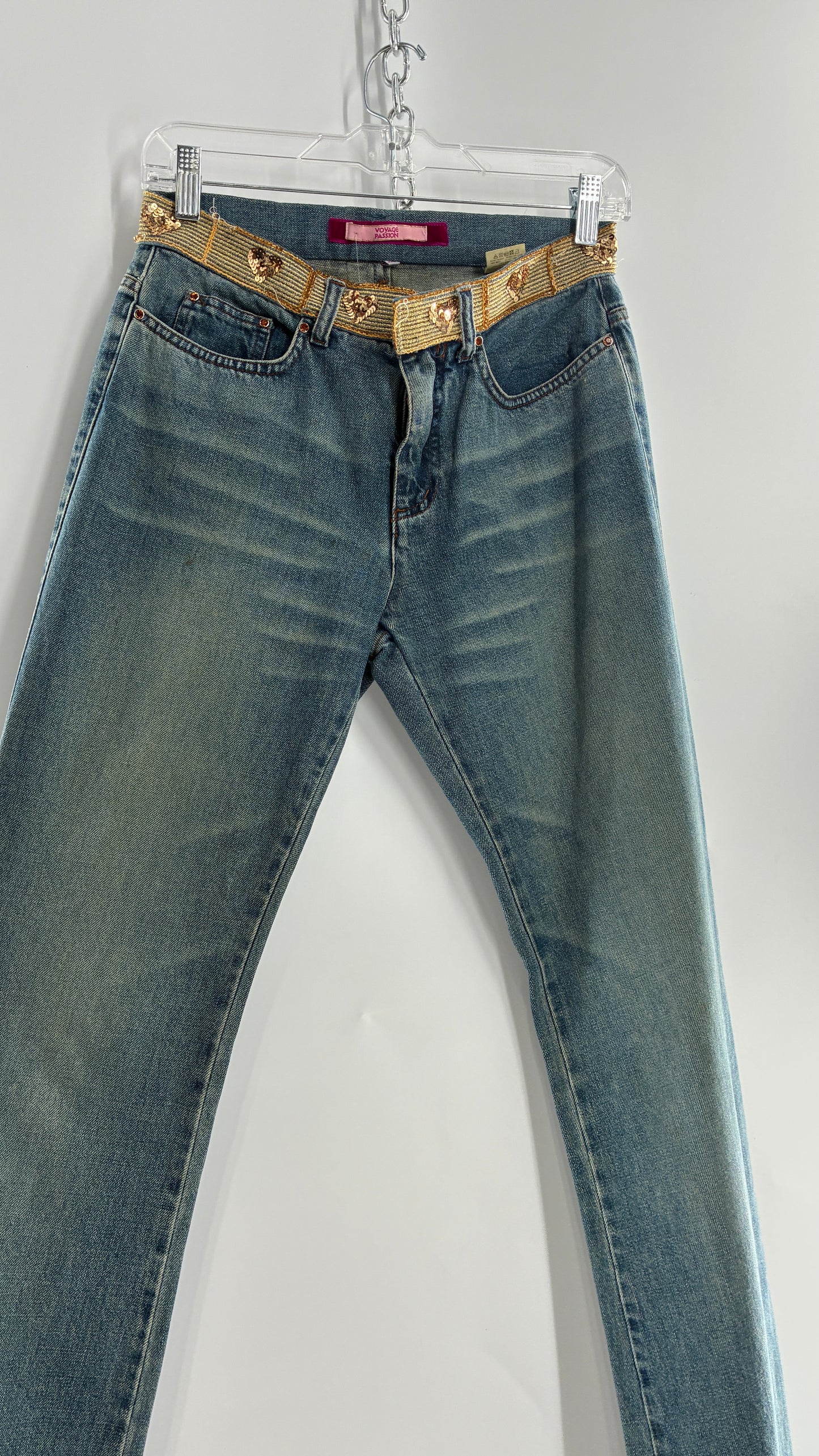 Vintage VOYAGE PASSION Kick Flare Light Wash Jeans with Heart Embroidered Bum and Gold Sequin Belt (28)