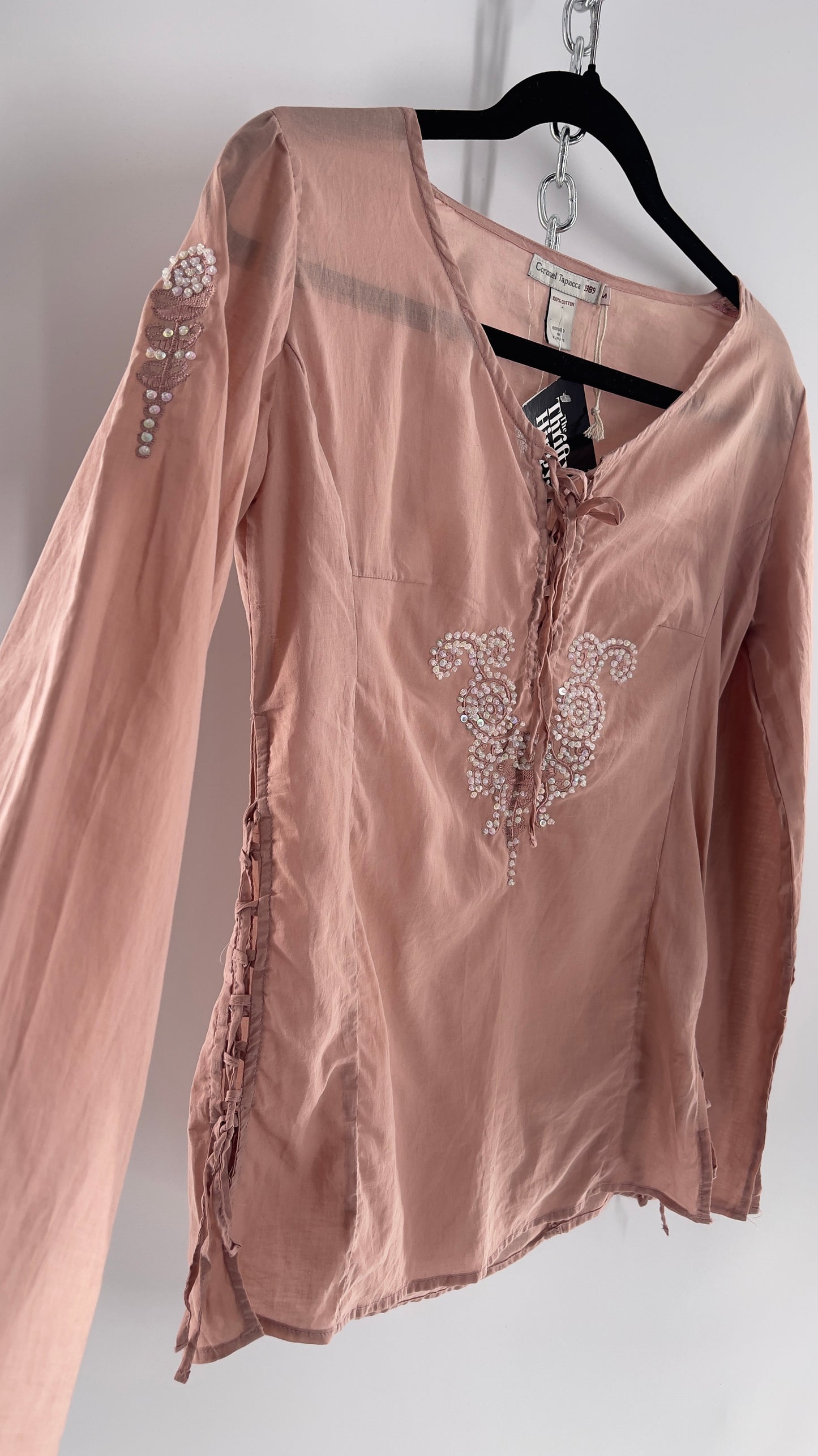 Vintage Coronel Tapioca Dusty Pink Tunic with Beaded Designs and Lace Up Sides (Medium)