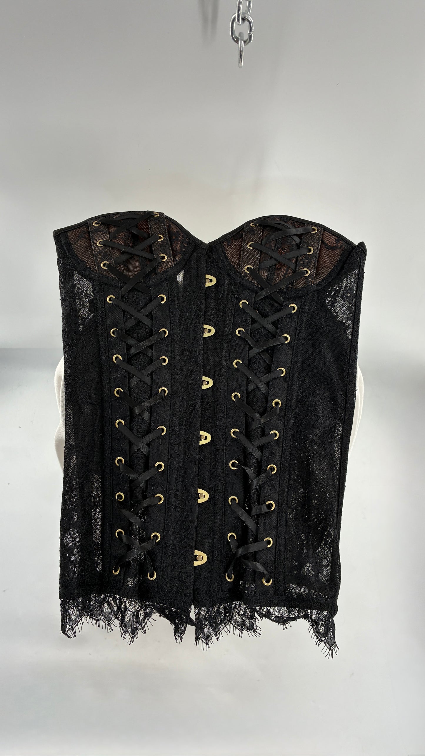 Vintage ADORE ME Lace Up Black Lace Corset with Nude Underlay (Small)