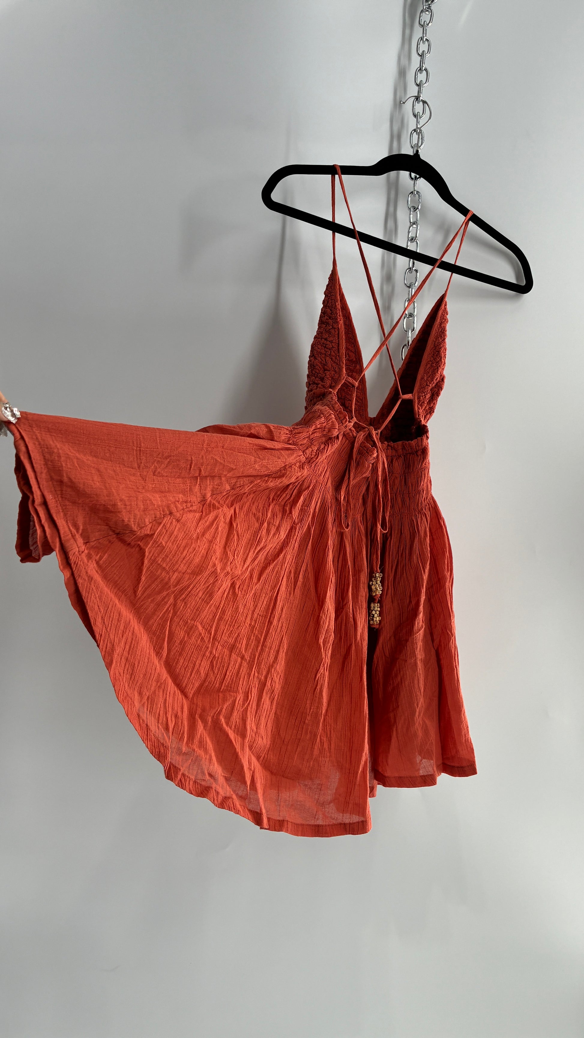 Free People Burnt Orange Smocked Bust Voluminous Mini Dress (Small) The Thrifty Hippy Free People Burnt Orange Smocked Bust Voluminous Mini Dress (Small) The Thrifty Hippy