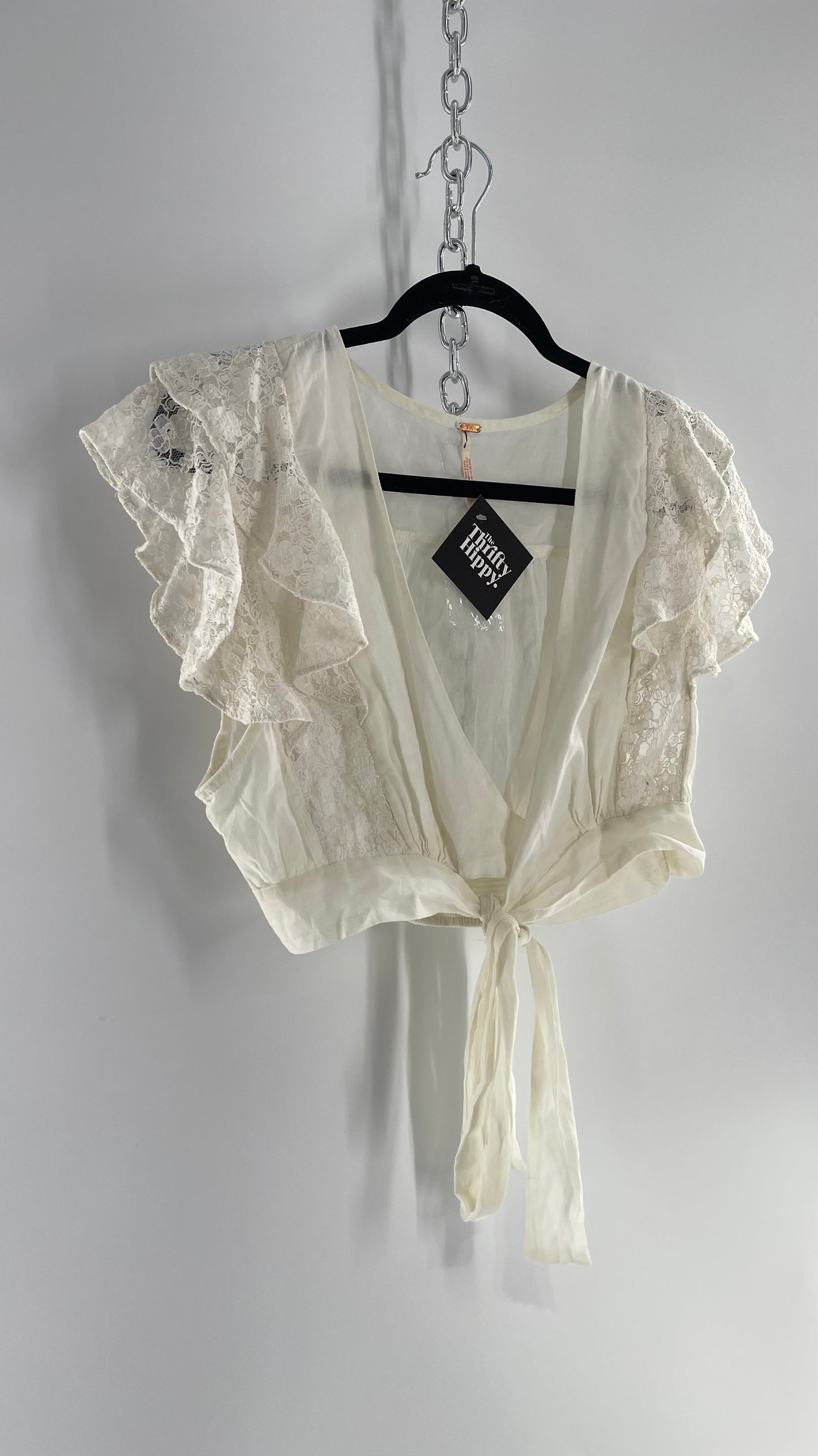 Free People White Cotton Cropped Wrap Around Blouse with Lace Details (L)