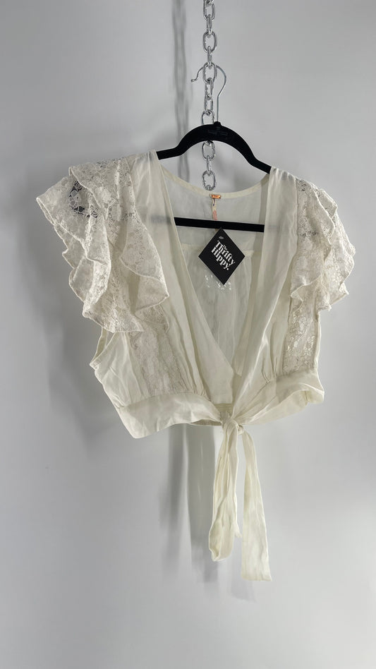 Free People White Cotton Cropped Wrap Around Blouse with Lace Details (L)