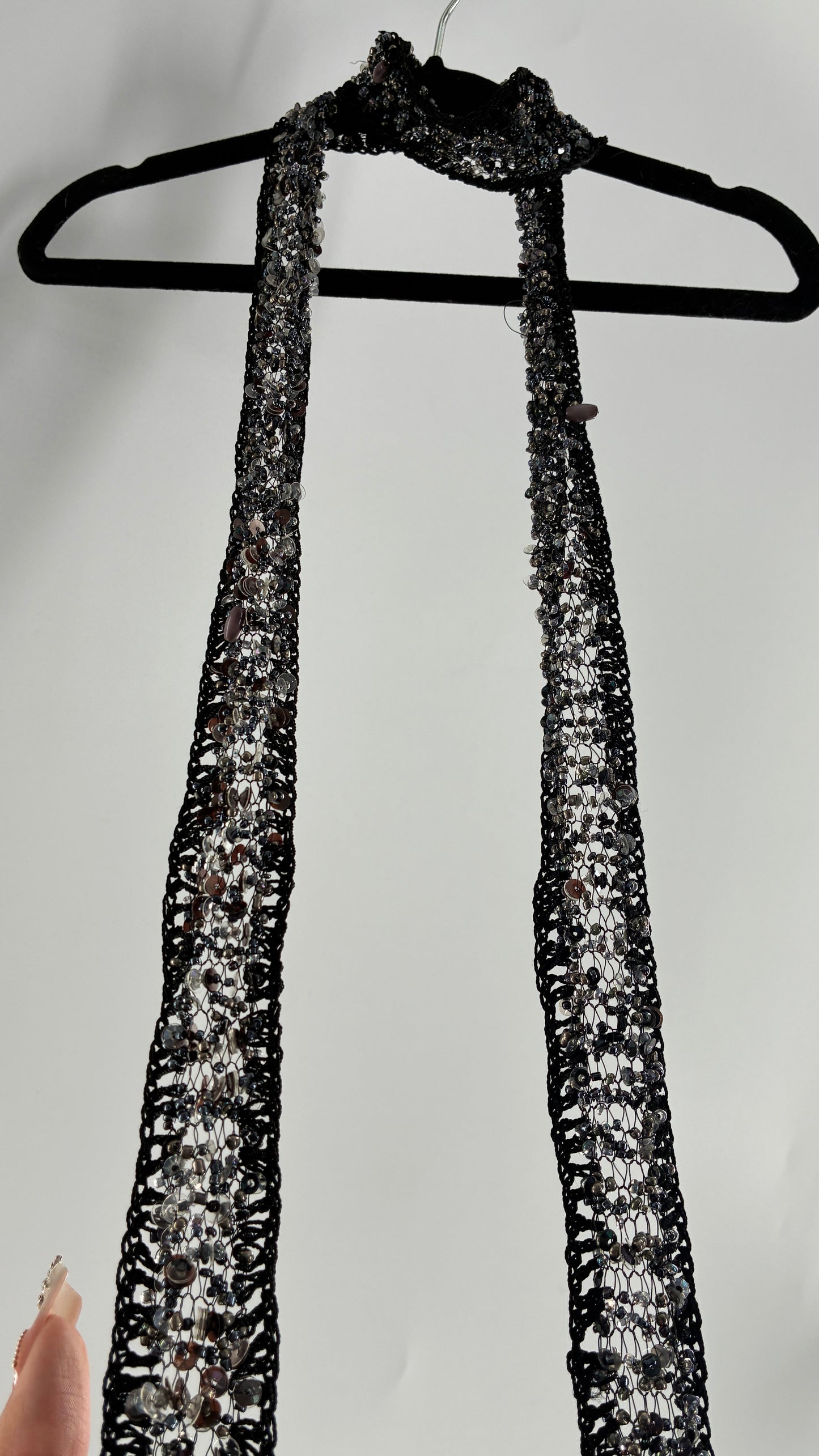 Vintage Black Netted + Crochet Scarf Necklace Covered in Heavy Beading